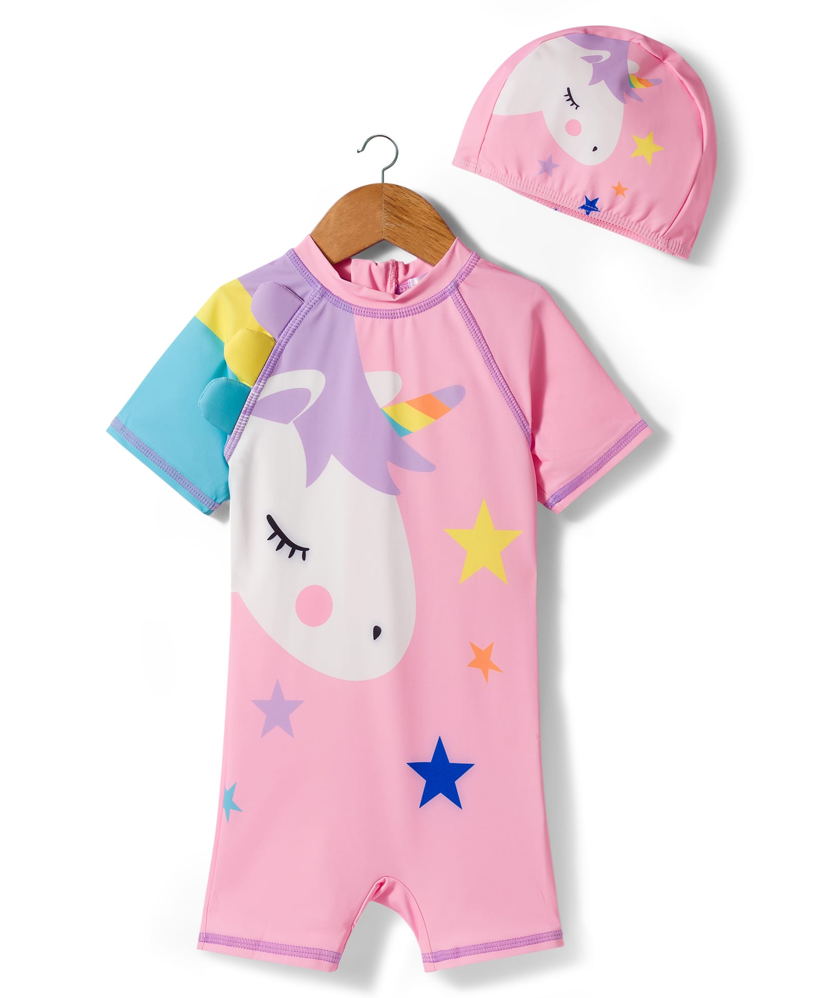 Mark & Mia Half Raglan Sleeves Unicorn Printed Legged Swimsuit with Cap - Pink