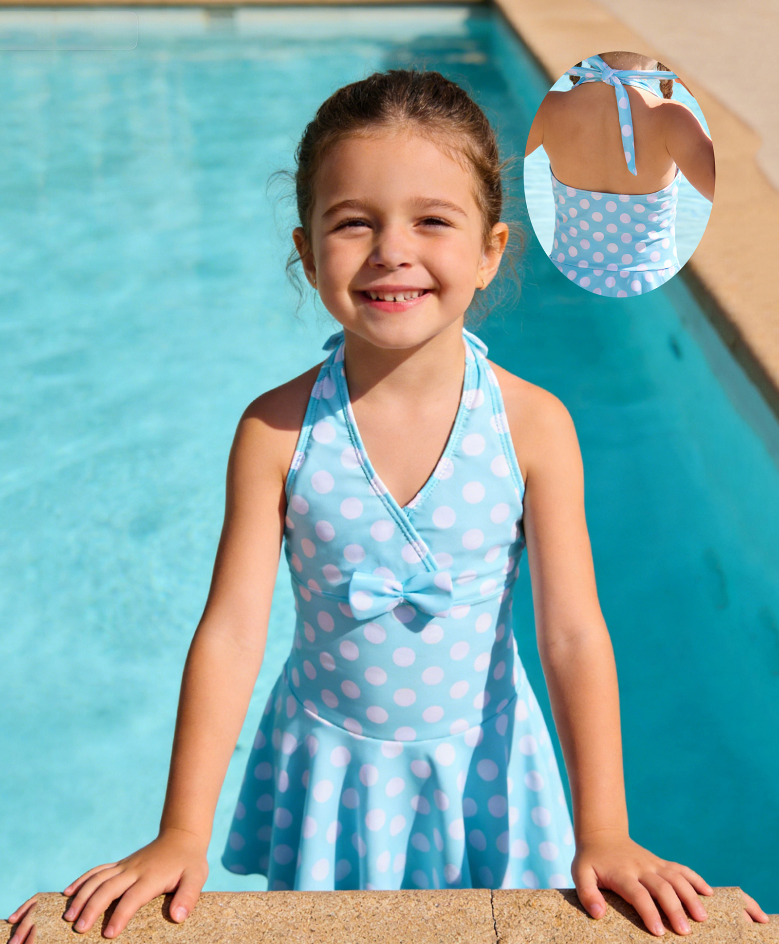 Mark & Mia Sleeveless Frock Swimsuit with Bow Applique & Polka Dot Print - Light Blue-image-34