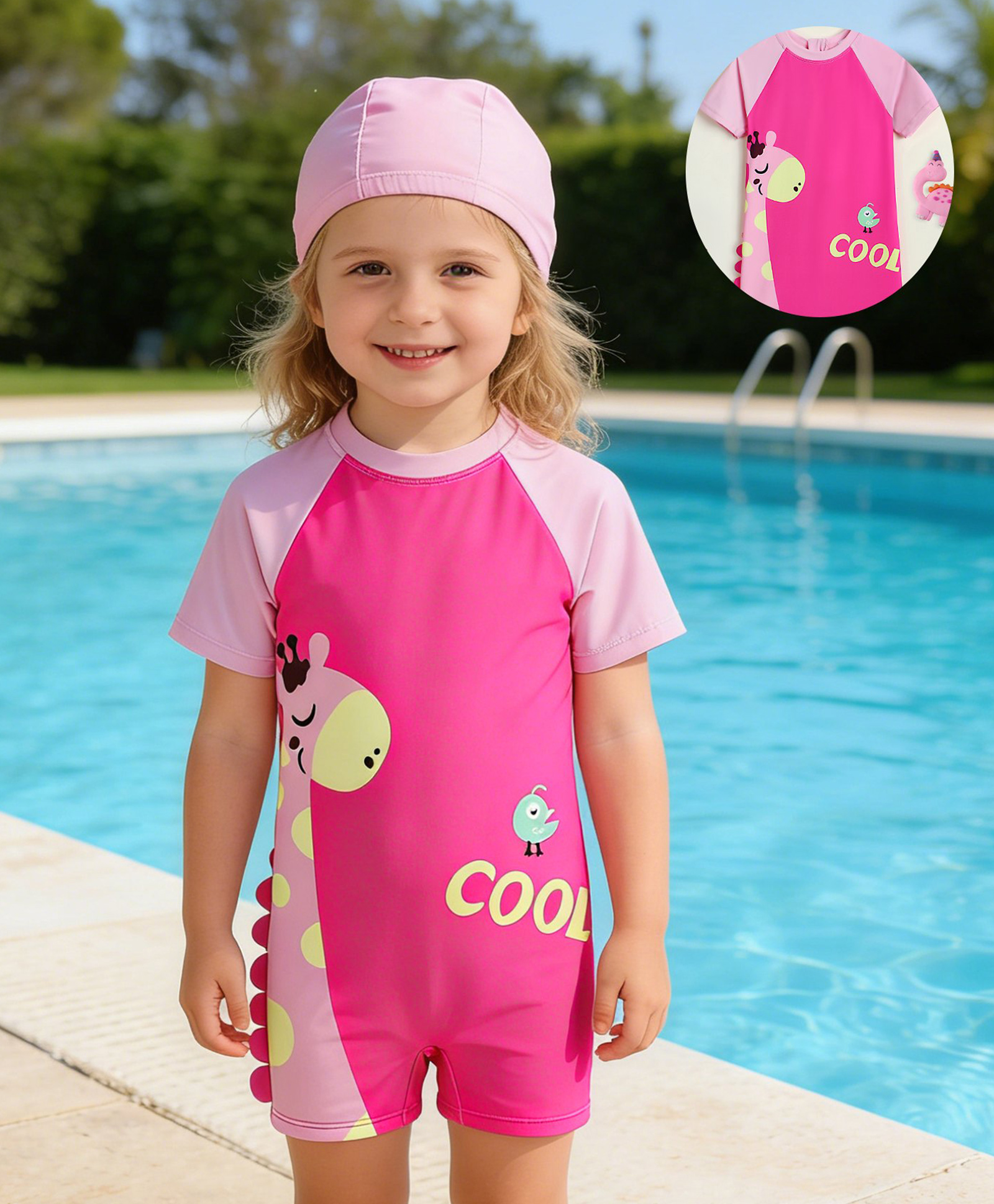 Mark & Mia Half Raglan Sleeves Legged Swimsuit with Cap & Giraffe Print - Pink