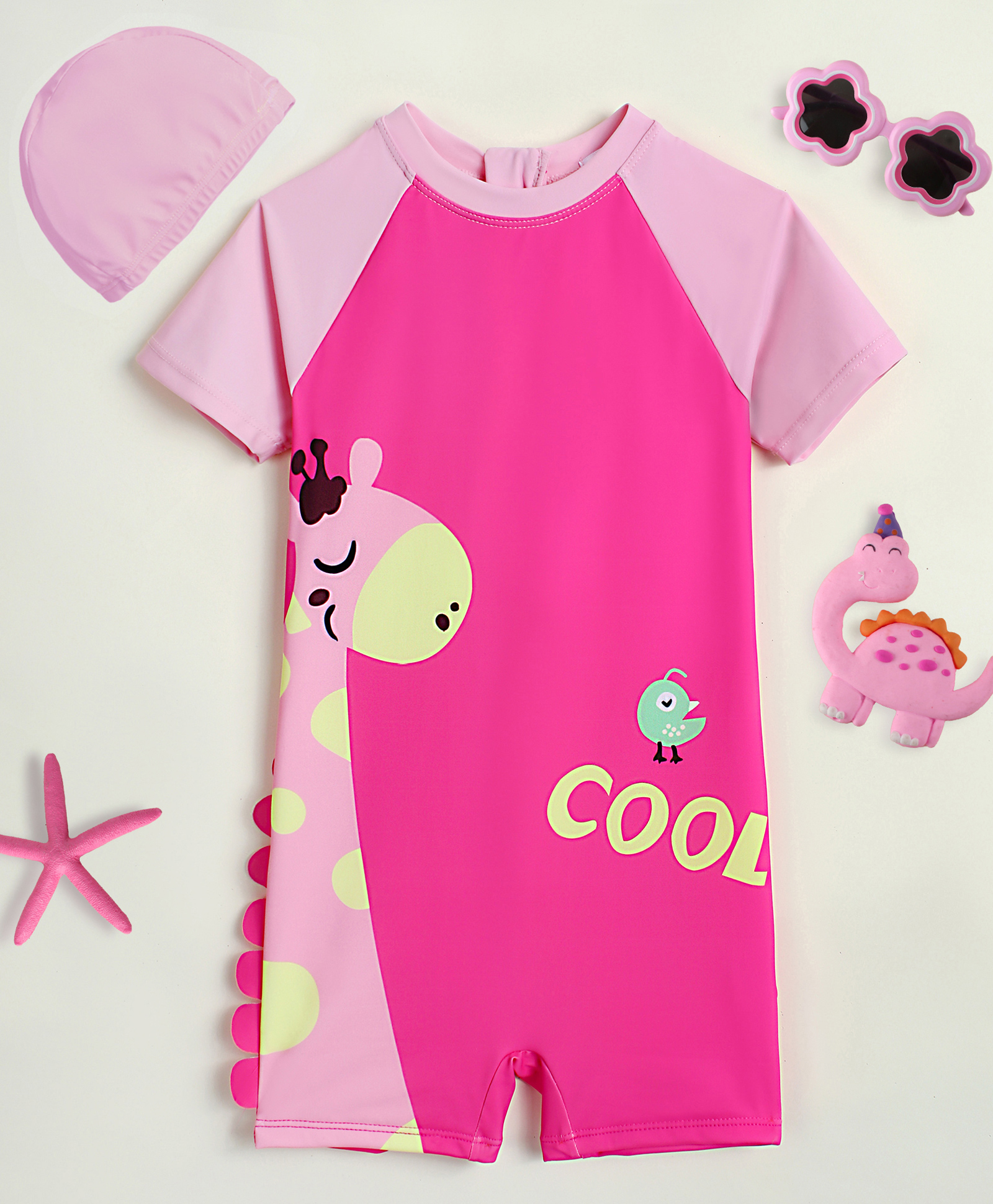 Mark & Mia Half Raglan Sleeves Legged Swimsuit with Cap & Giraffe Print - Pink