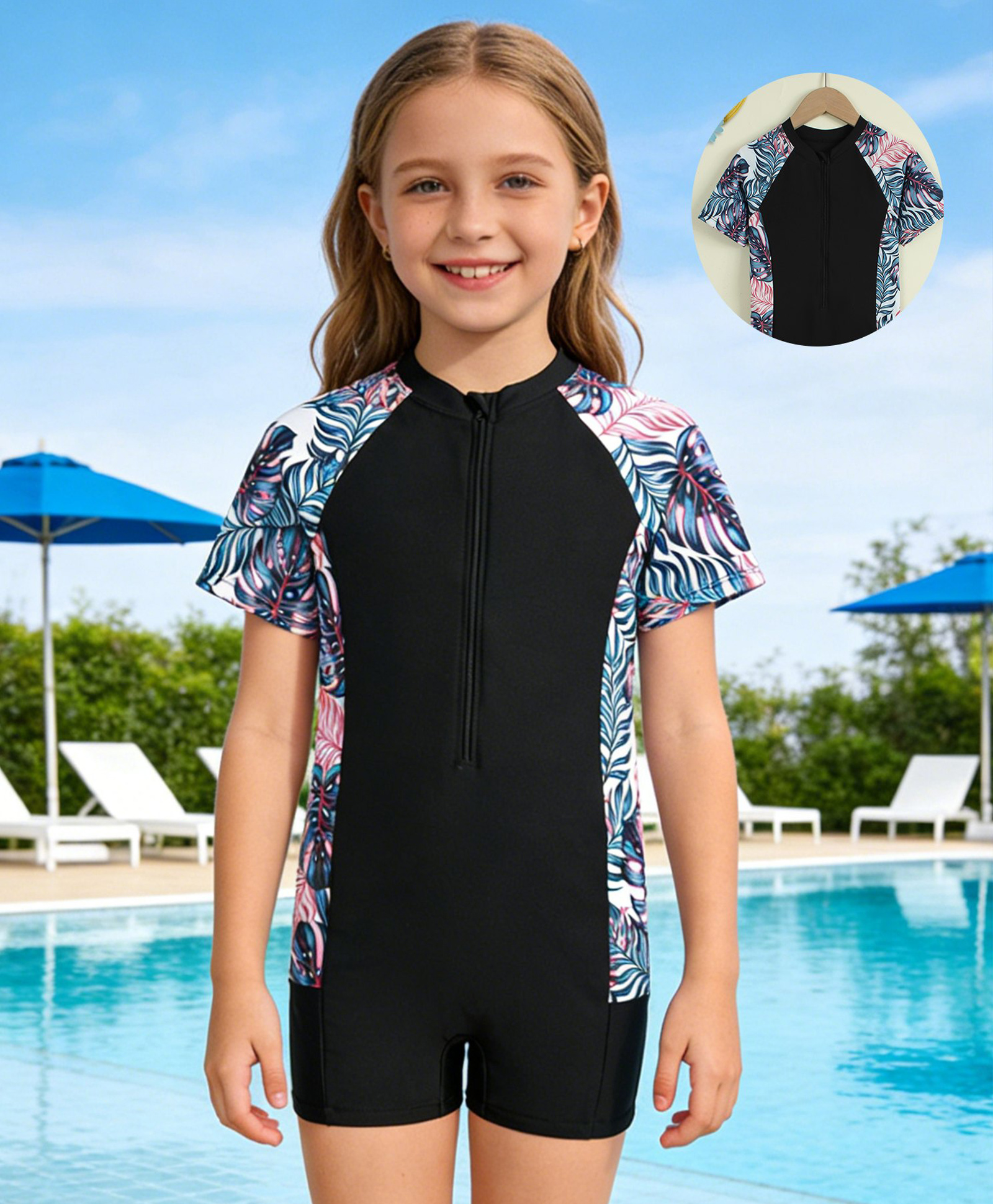 Pine Kids Half Raglan Sleeves Tropical Theme Printed Legged Swimsuit - Black-image-29