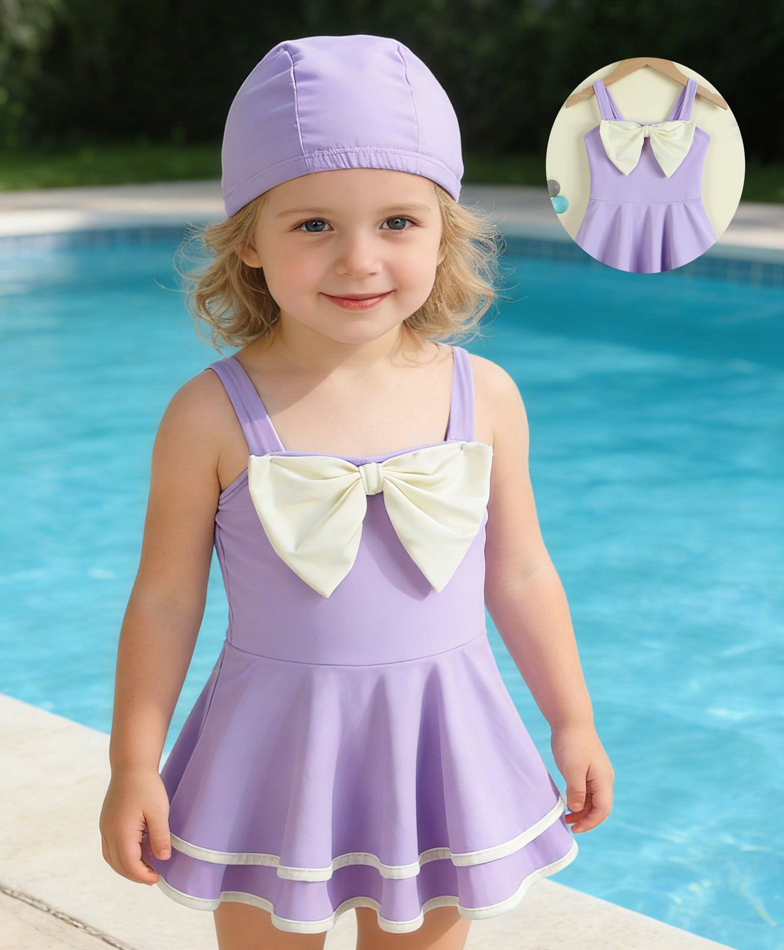 Babyhug Sleeveless Solid Frock Swimsuit With Bow Applique & Cap - Purple-image-18