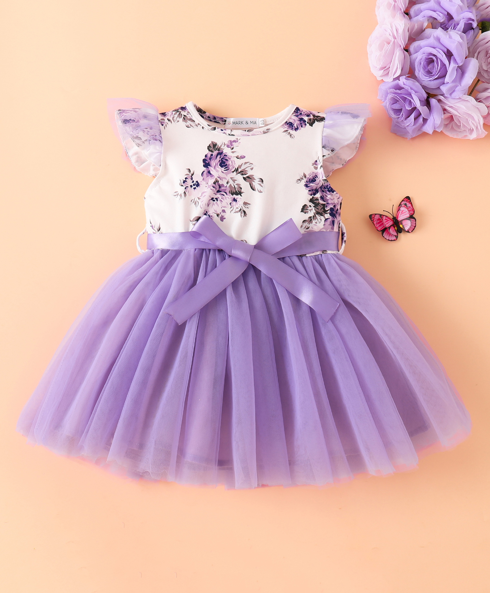 Mark & Mia Frill Sleeves Party Dress with Belt & Floral Print - Purple-image-40