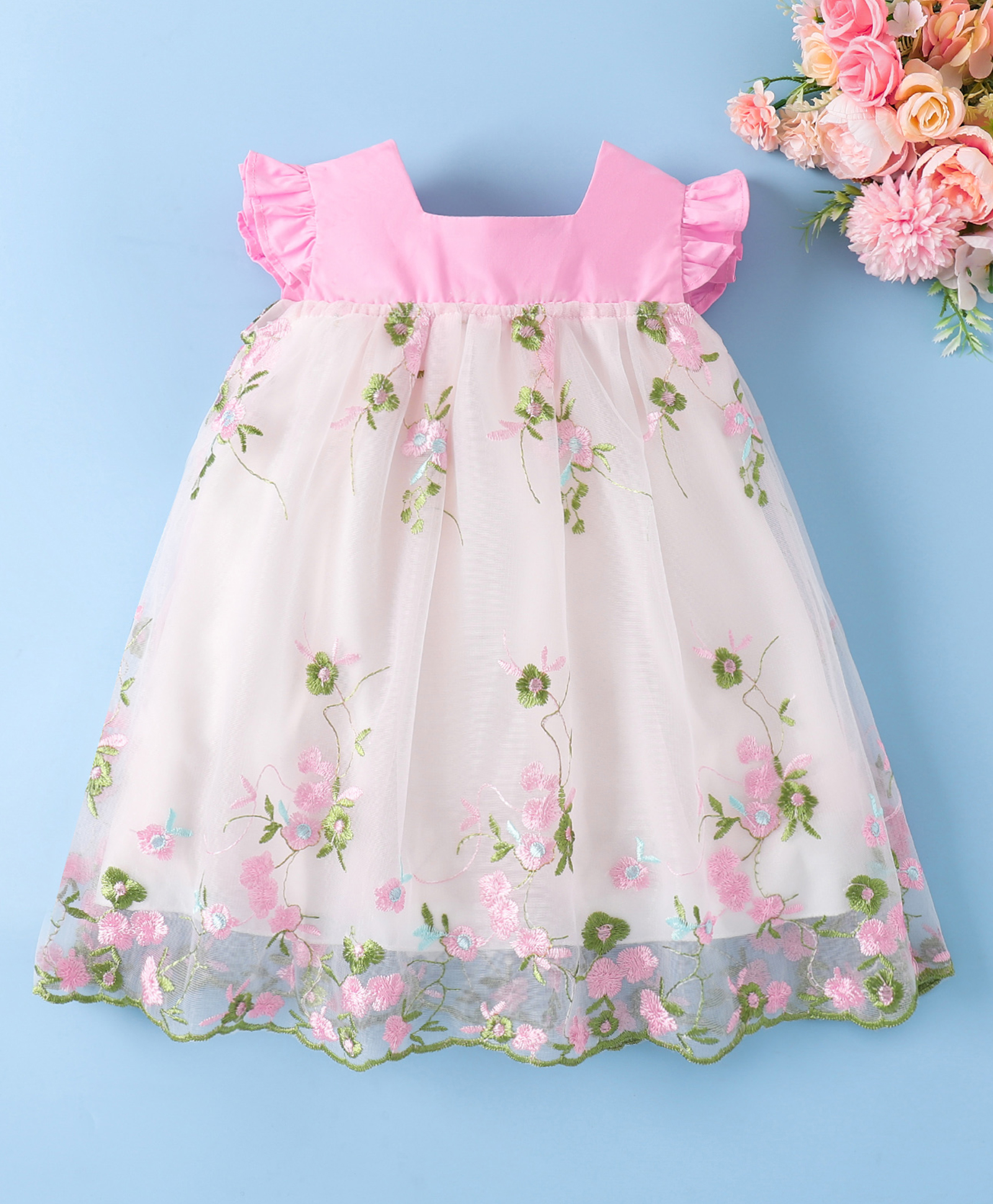 Mark & Mia Frill Sleeves Party Dress With Floral Embroidery - Pink-image-31