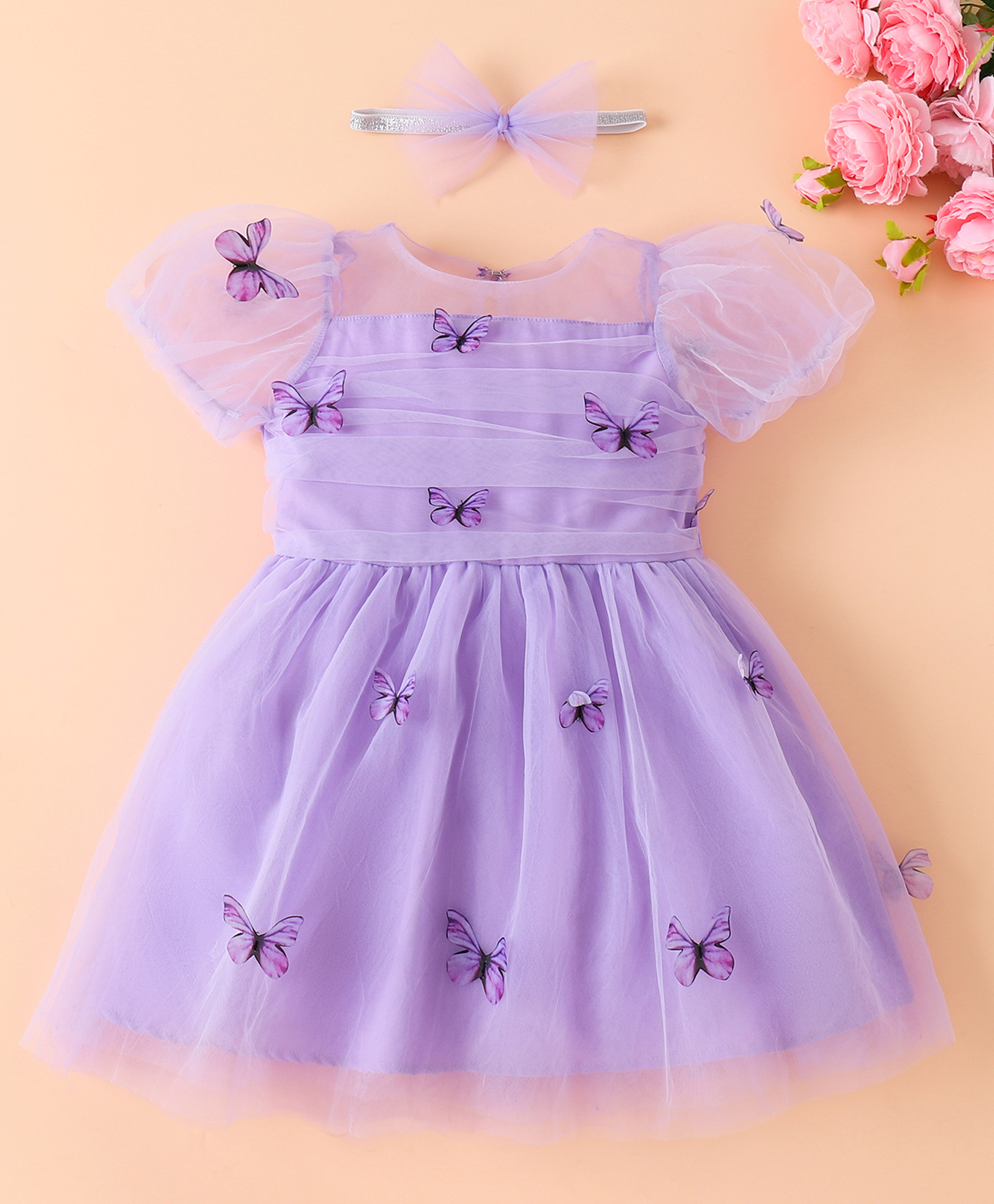 Mark & Mia Half Sleeves Party Dress with Butterfly Applique & Headband - Purple-image-43