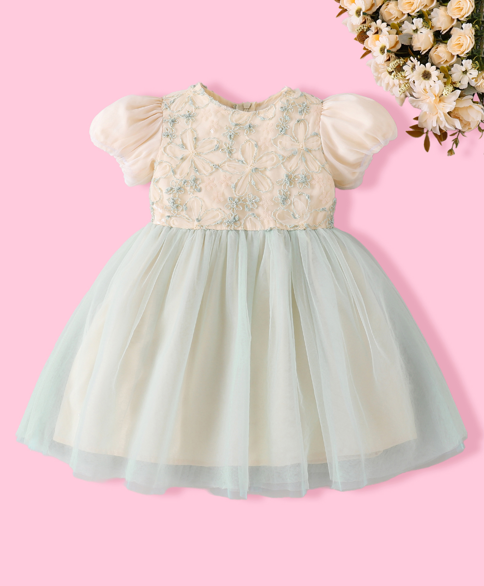 Mark & Mia Half Sleeves Party Dress with Floral Embroidery - Beige