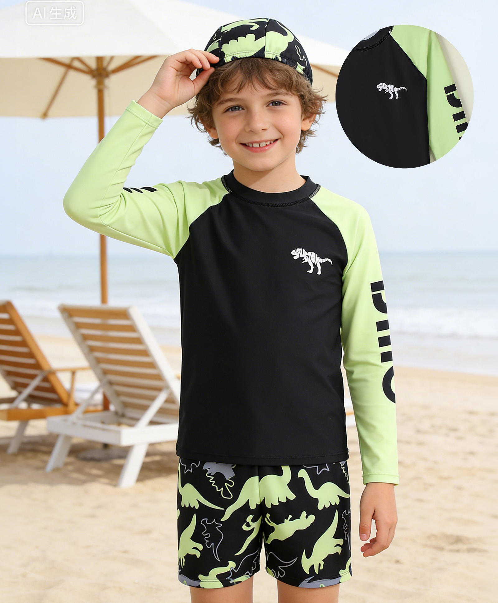 Pine Kids Raglan Full Sleeves Two Piece Swimsuit & Cap Text with Dino Print - Black-picture-26