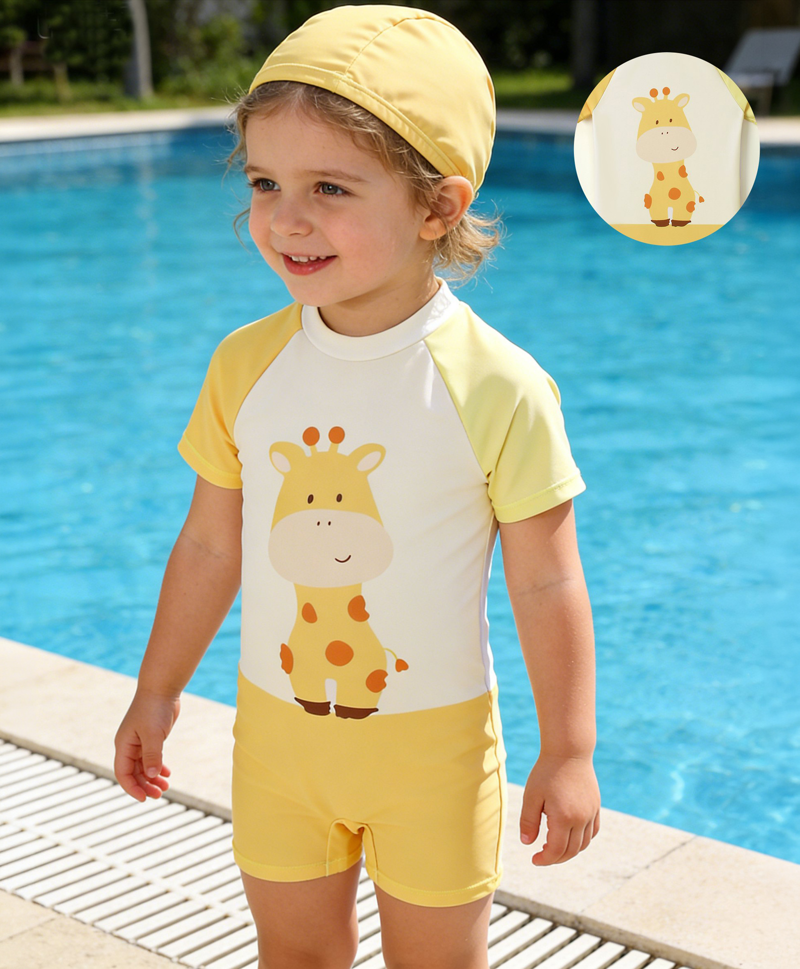 Babyhug Raglan Half Sleeves Giraffe Printed Legged Swimsuit With Cap - Light Yellow & White-image-20