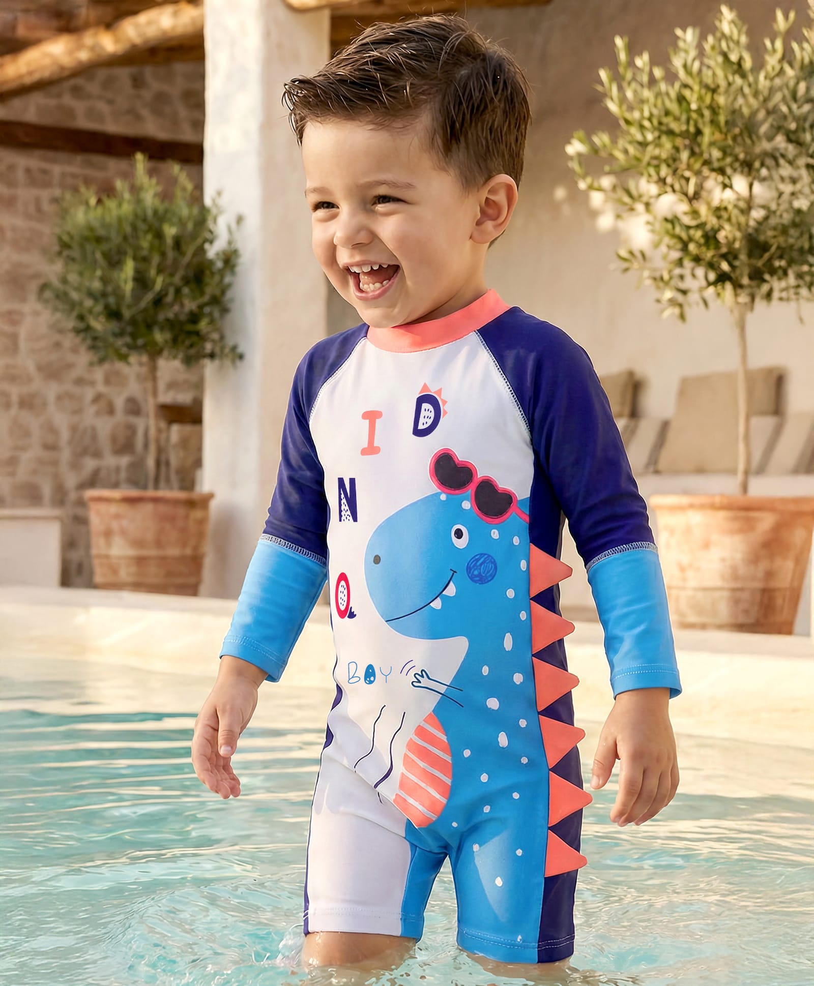 Babyhug Full Raglan Sleeves Legged Swimsuit With Dino Print - Navy Blue-image-45