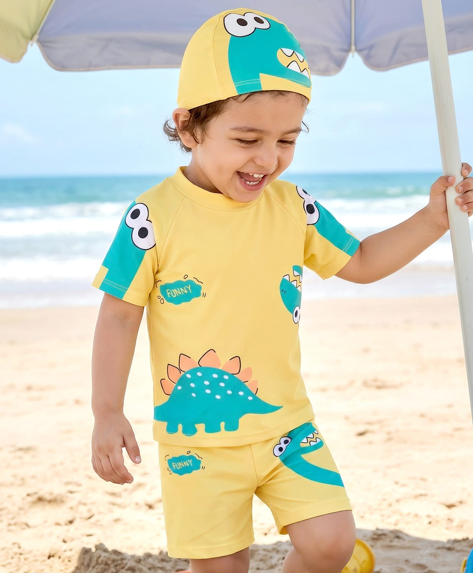 Babyhug Raglan Half Sleeves Dino Printed T-Shirt & Shorts Swimsuit With Cap - Yellow-image-2