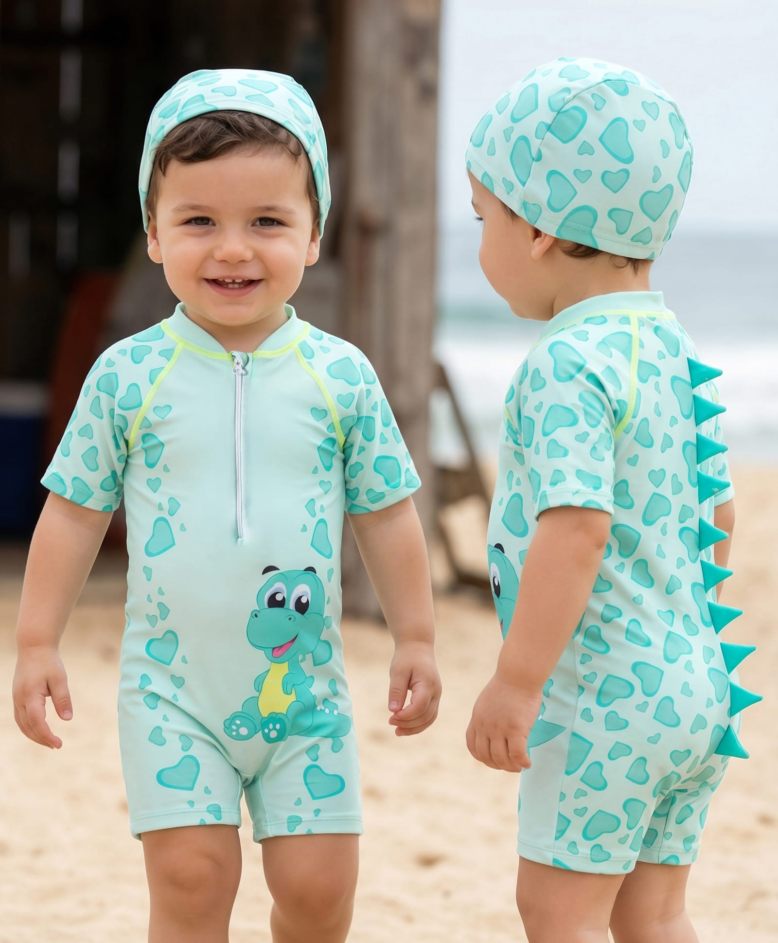 Babyhug Half Raglan Sleeves Legged Swimsuit With Dino Print & Cap - Sea Green