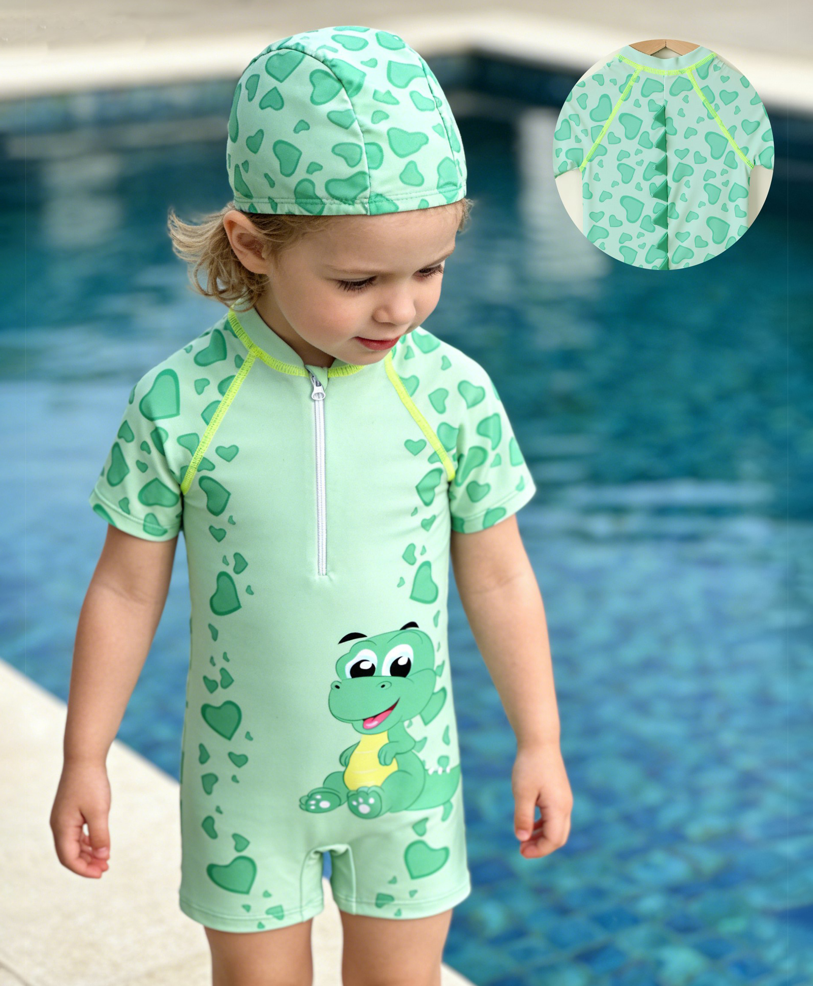 Babyhug Half Raglan Sleeves Legged Swimsuit With Dino Print & Cap - Sea Green-image-14