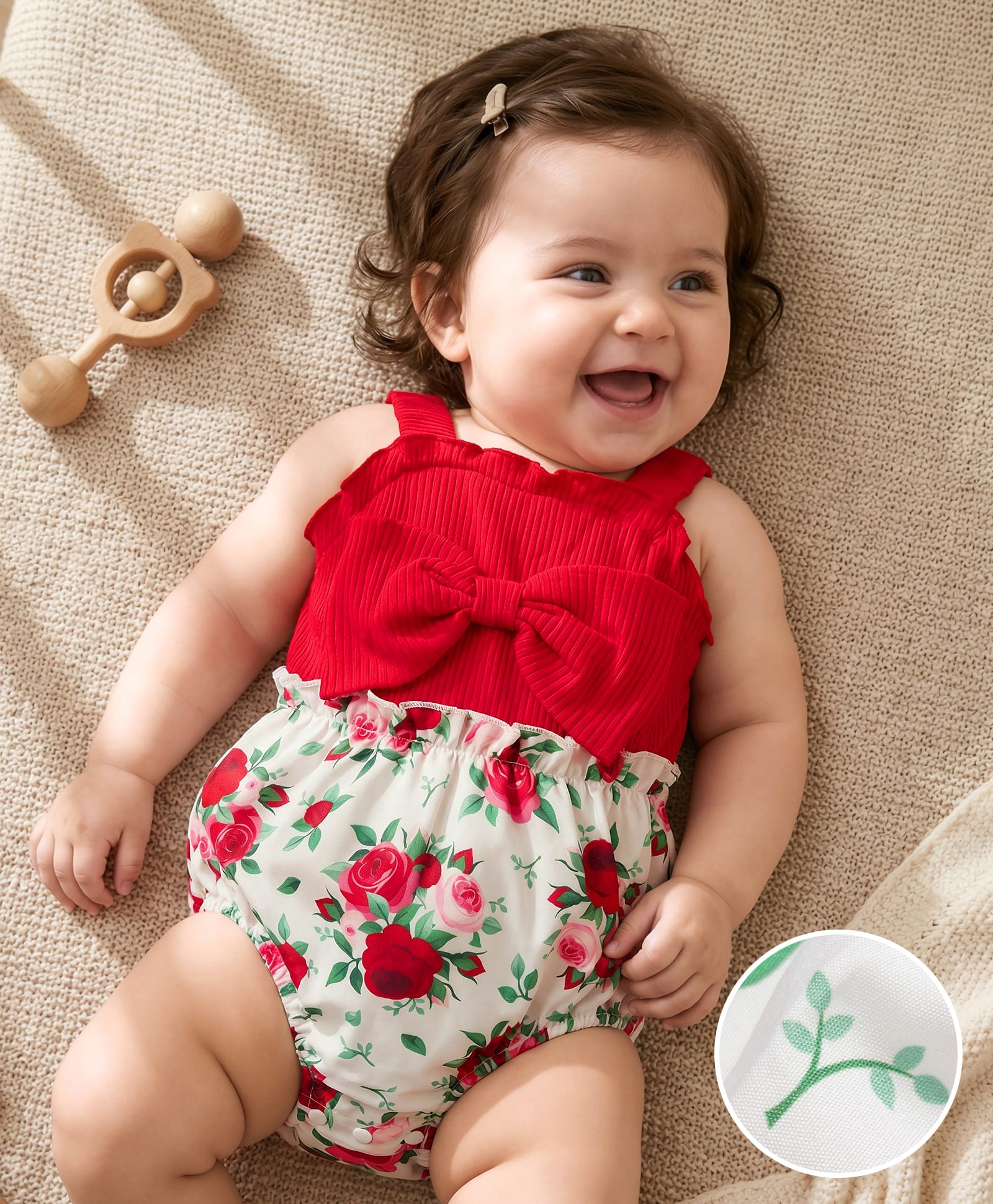 Mark & Mia Sleeveless Onesie with Bow Applique & Floral Print - Red