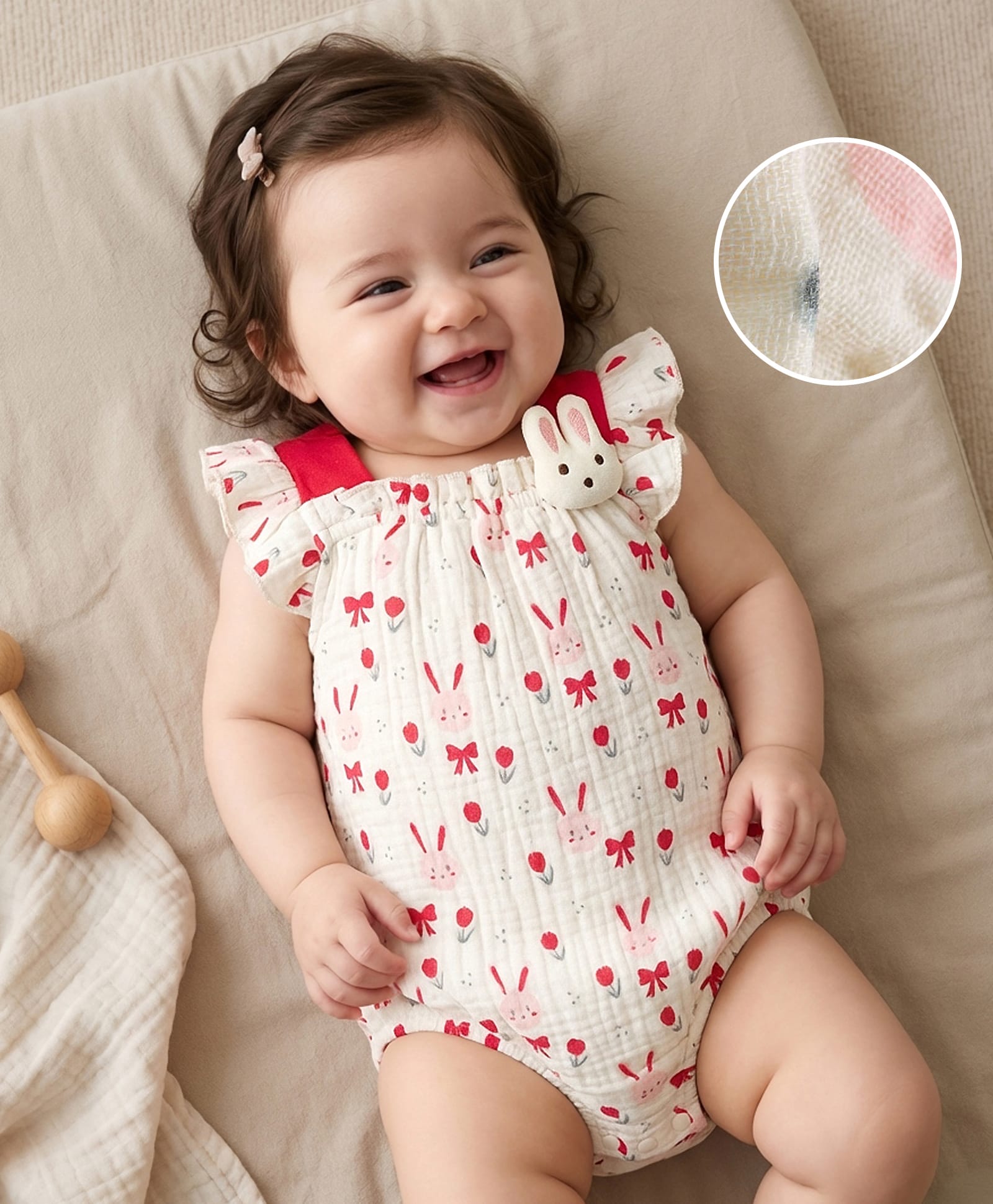 Mark & Mia Cotton Frill Sleeves Onesie with Bunny Print & Applique - Beige