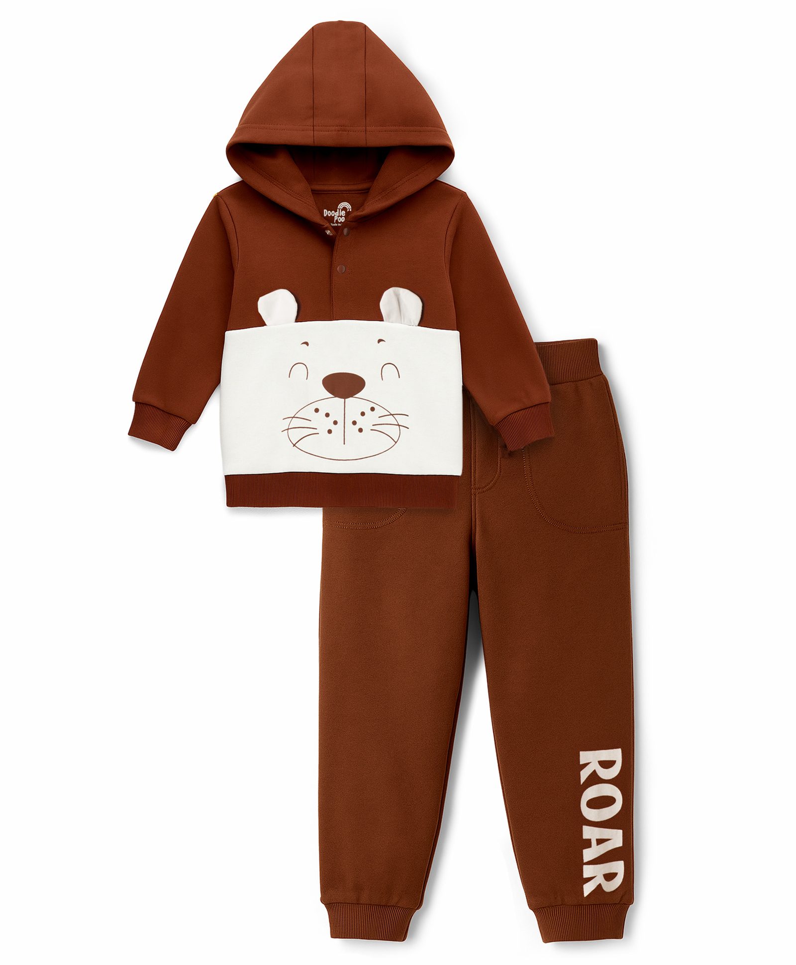Doodle Poodle 100% Cotton Single Jersey Knit Full Sleeves Hooded T-Shirt & Lounge Pant Set With Animal Print & Applique - Brown & White-picture-28
