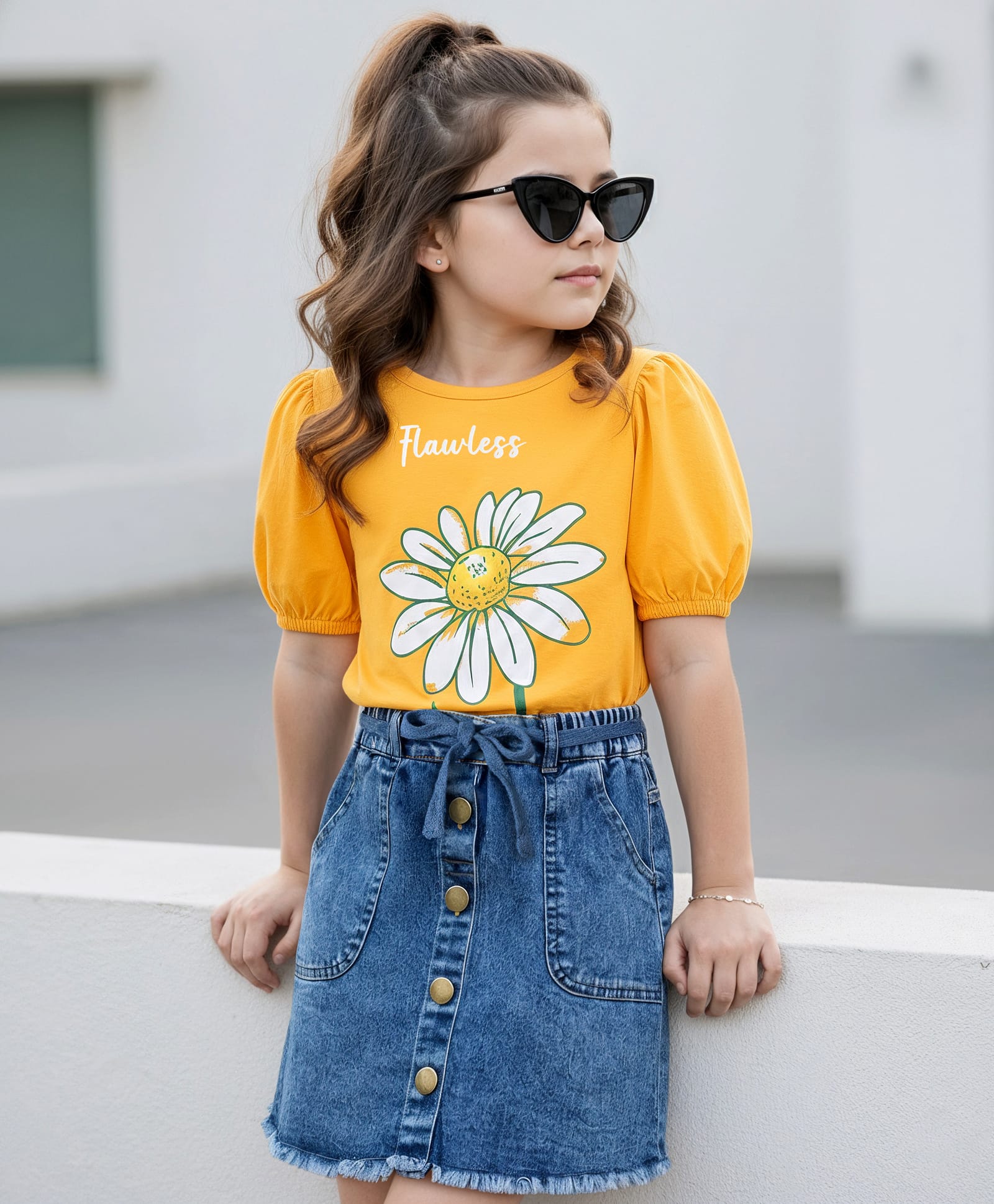 OLLINGTON ST. Cotton Knit Half Sleeves Top with Floral Print & Denim Skirt - Yellow & Blue-picture-14
