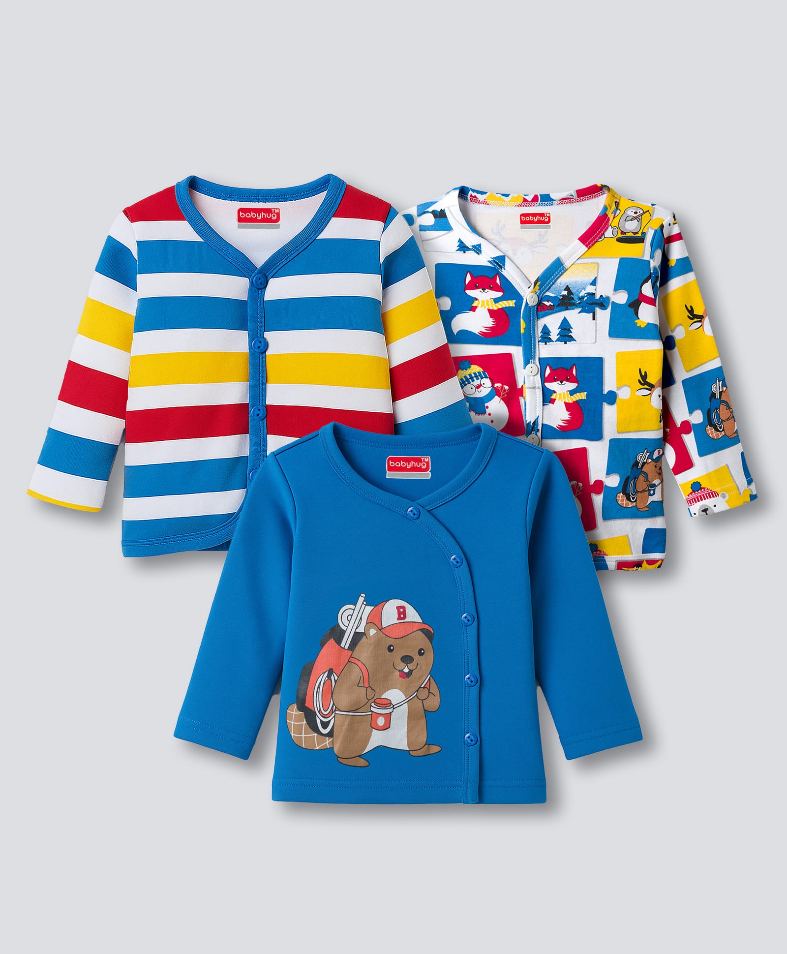 Babyhug 100% Cotton Knit Full Sleeves Jhablas With Stripes & Animal Print Pack of 3 - Multicolor-picture-13