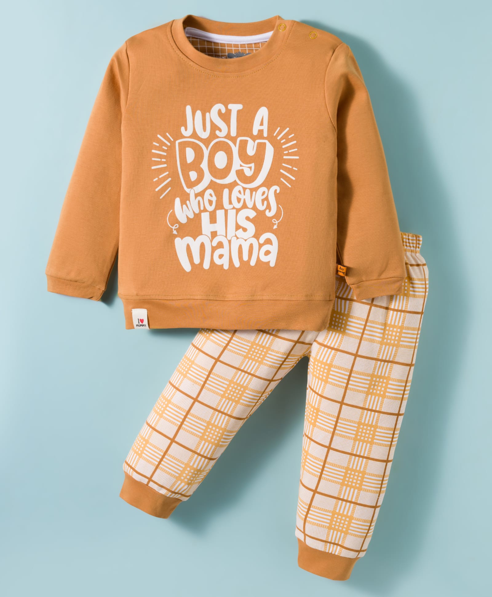 Mini Taurus Interlock Knit Full Sleeves Night Suit With Text Print - Mustard-picture-22