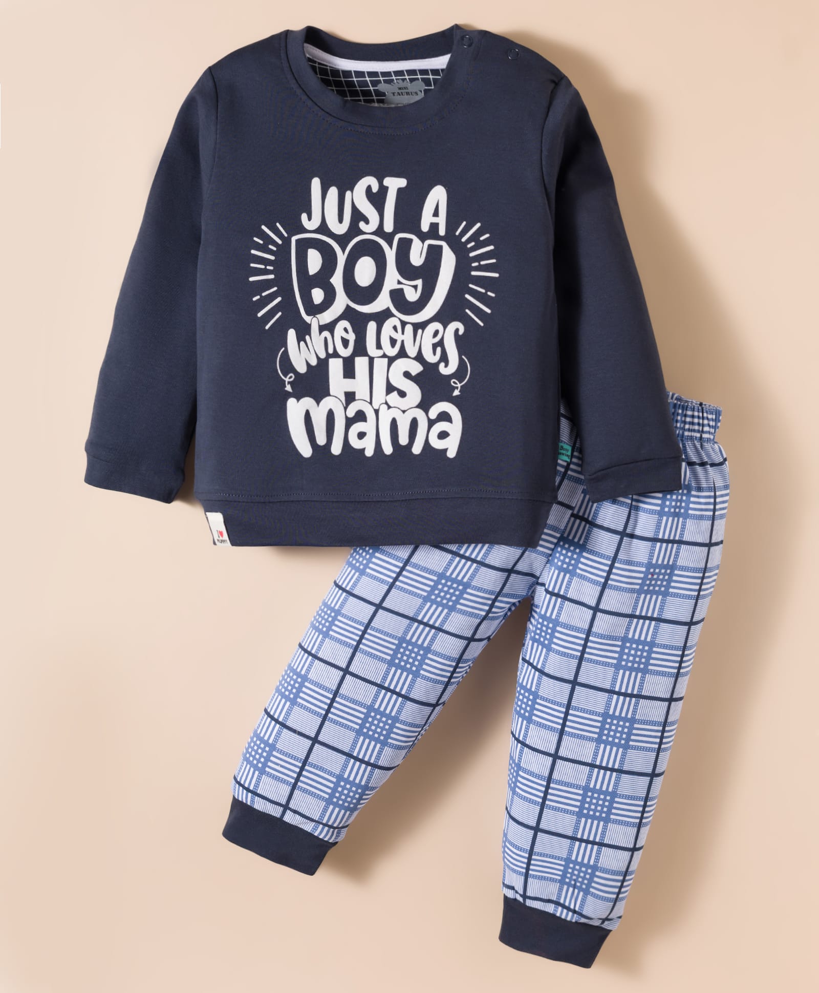 Mini Taurus Interlock Knit Full Sleeves Night Suit With Text Print - Navy Blue-image-15