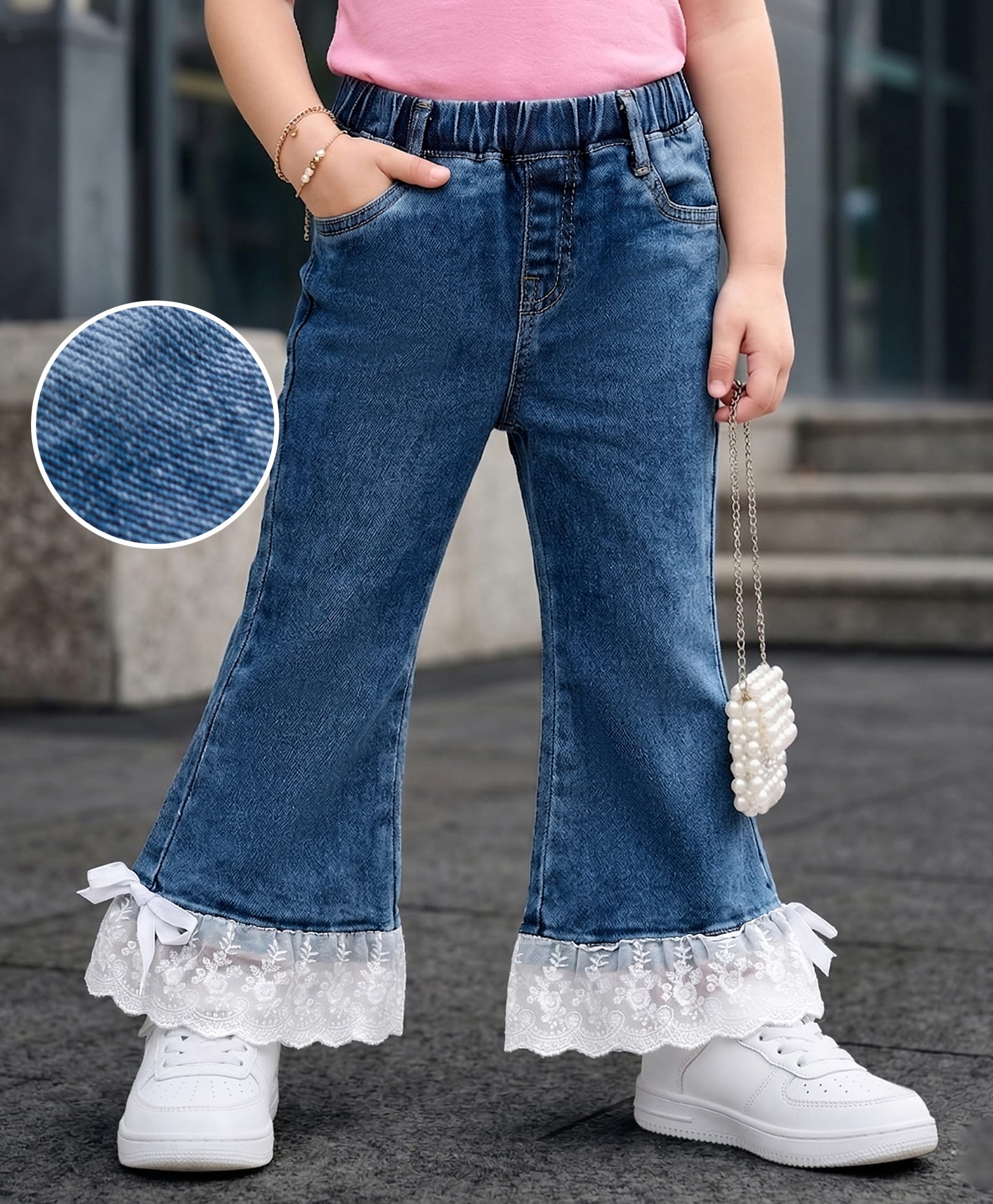 Mark & Mia Cotton Lycra Denim Full Length Flared Jeans With Lace Detailing - Blue-picture-22