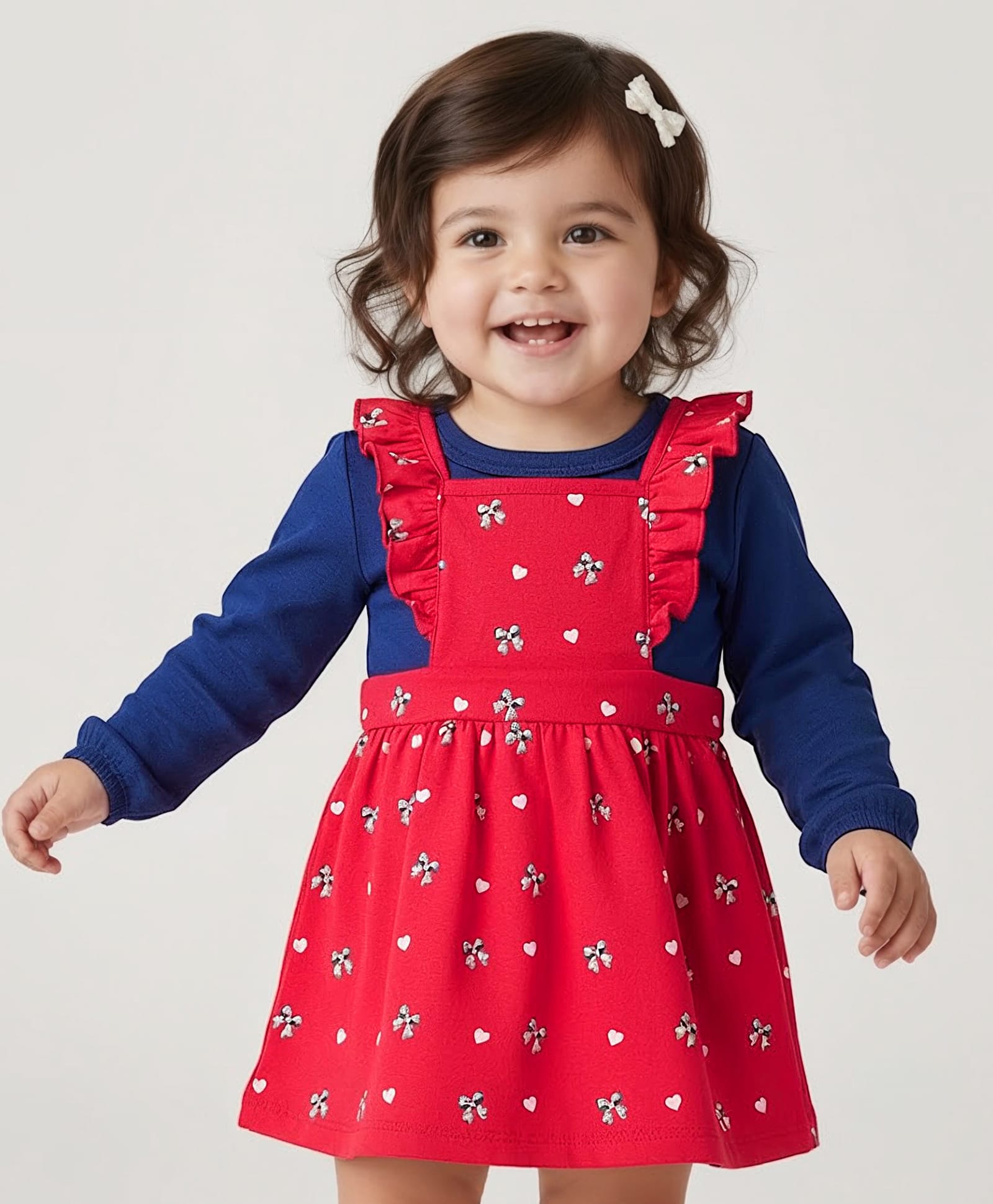 Doodle Poodle 100% Cotton Single Jersey & Interlock Knit Frock & Full Sleeves Inner Tee With Bow & Heart Print - Red & Blue-image-3