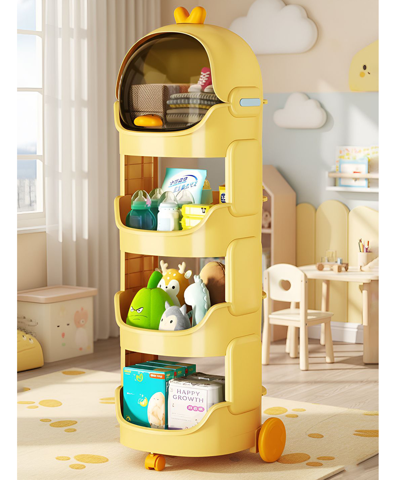 Polka Tots QuackStack Kids Storage Drawer Rack 4-Tier Toy, Book & Clothes Organizer with Wheels - Yellow-image-29