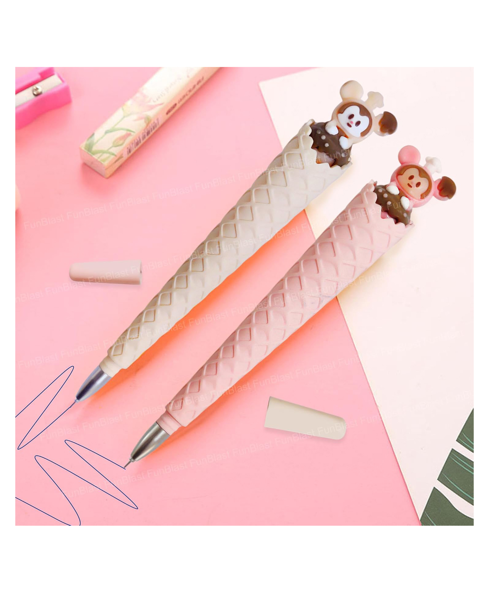 FunBlast Ice Cream Shaped Gel Pens with Cute Animal Topper Pack of 2 (Blue Ink)-picture-16