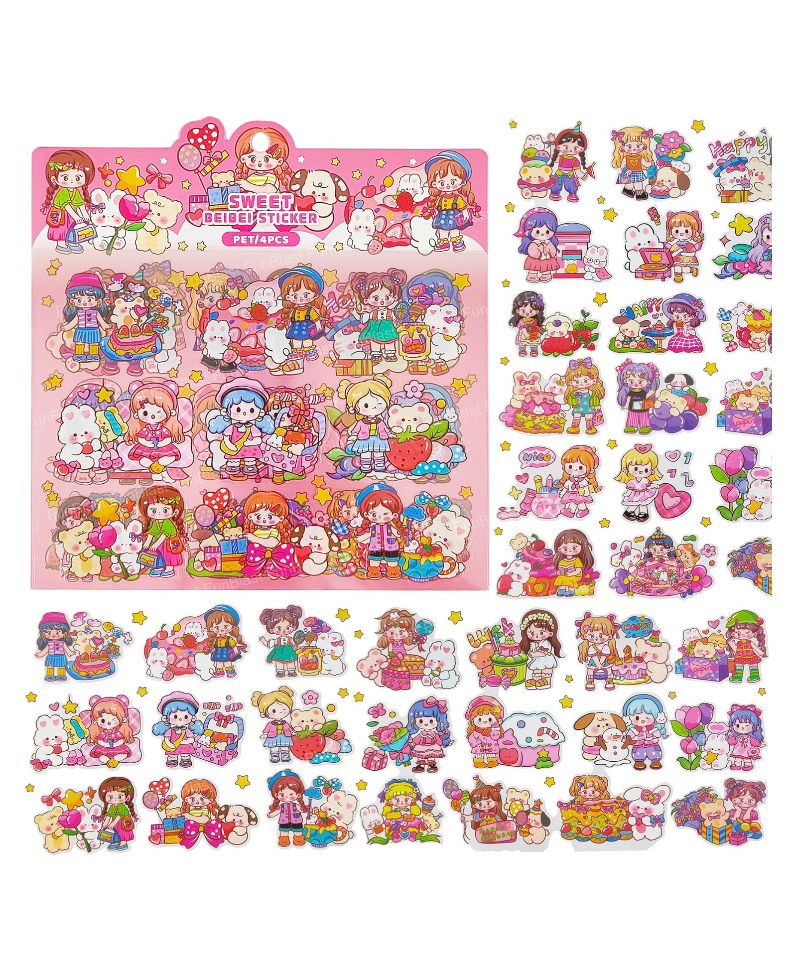 FunBlast Sweet Theme Self-Adhesive PET Stickers 4 Sheets Kawaii Sticker (Pink)-image-39