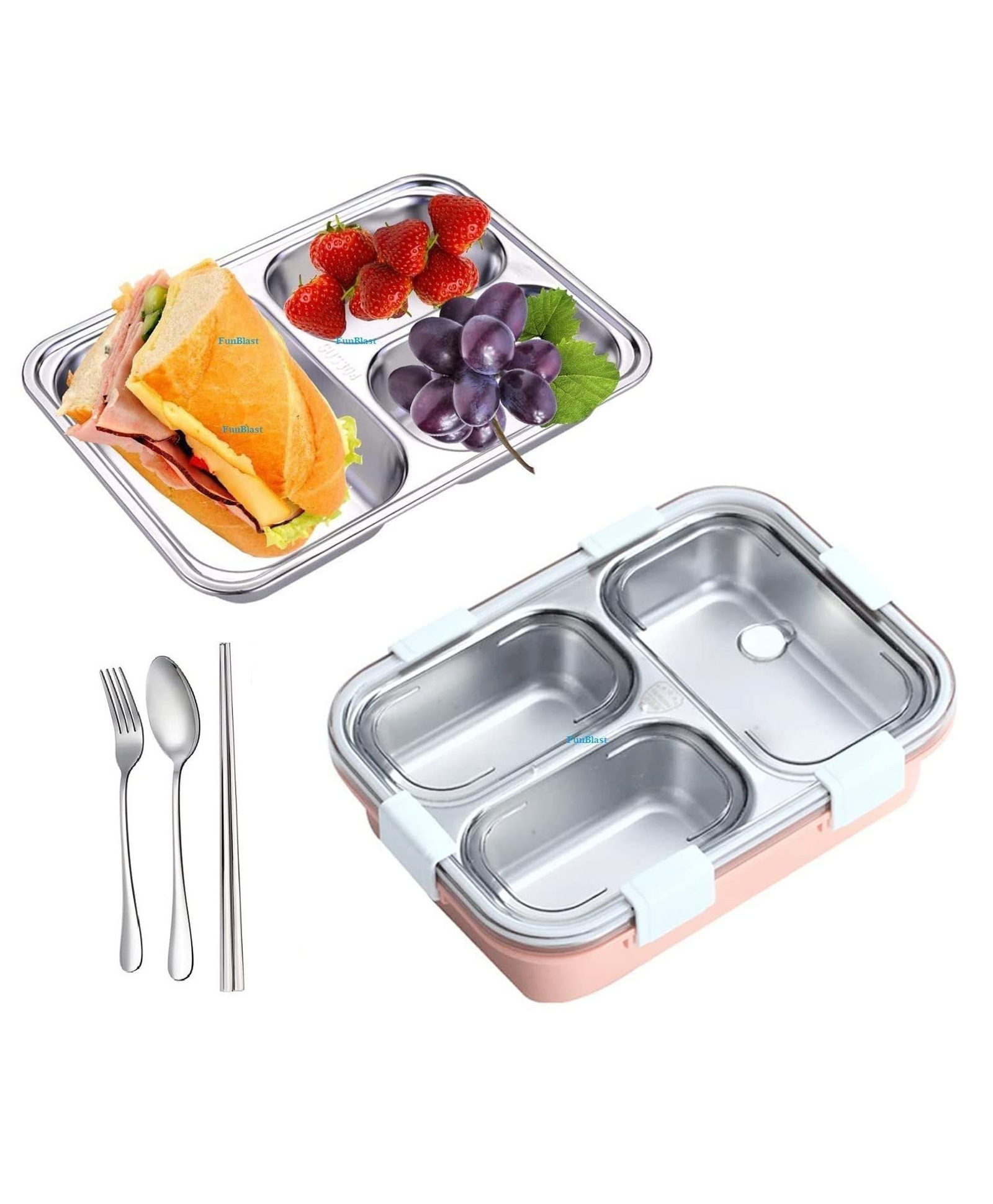 FunBlast Stainless Steel Lunch Box with Chopsticks, Spoon & Fork - Pack of 1 Pink-image-26