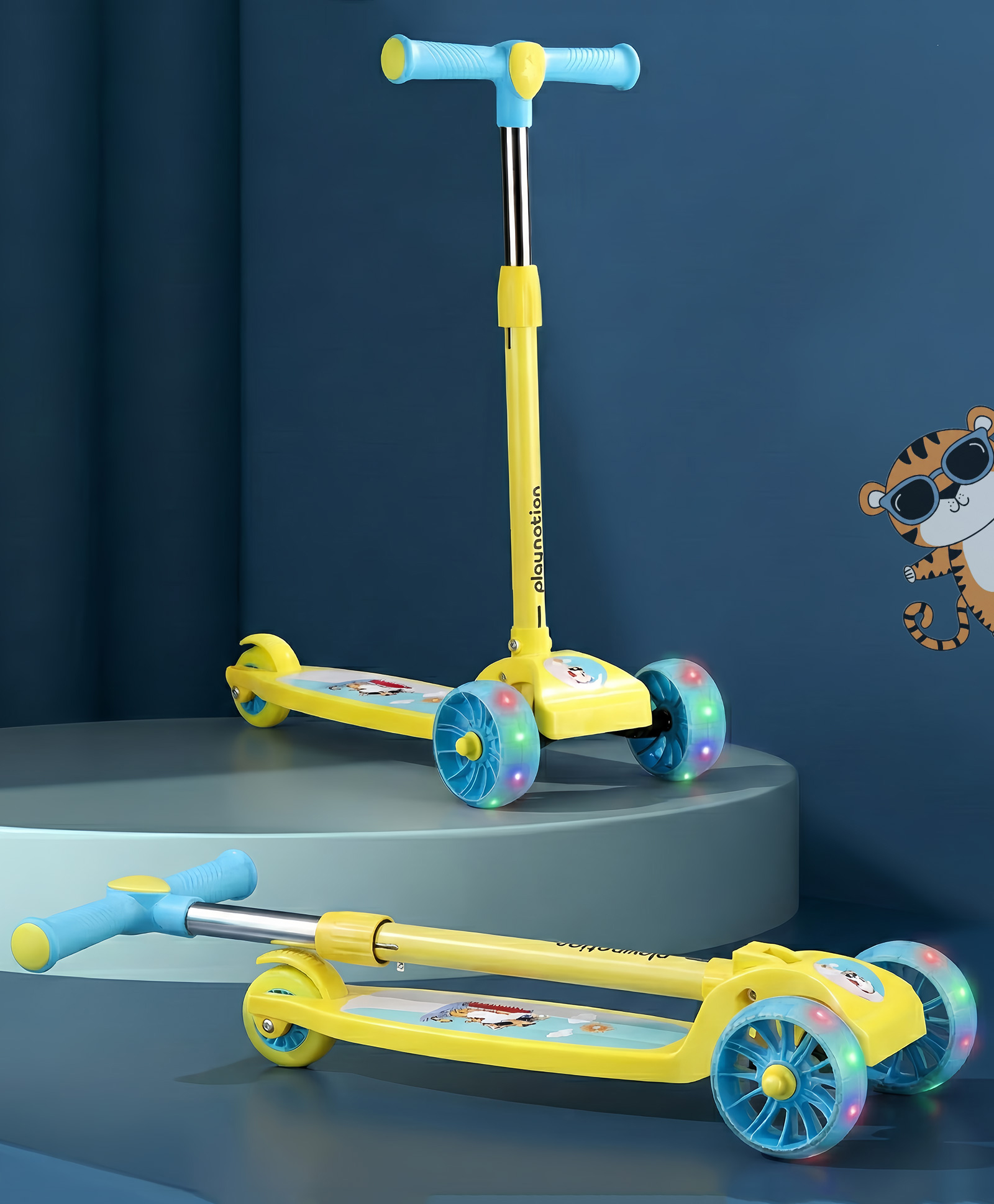 Play Nation 3-Wheel Foldable Kids Scooter with LED Lights Blue & Yellow|Compact Fold|Lean-to-Steer| Toy for 3to9 yrs Boys&Girls| Gifting Option| Physical Activity| 50 kg Capacity| Adjustable Height