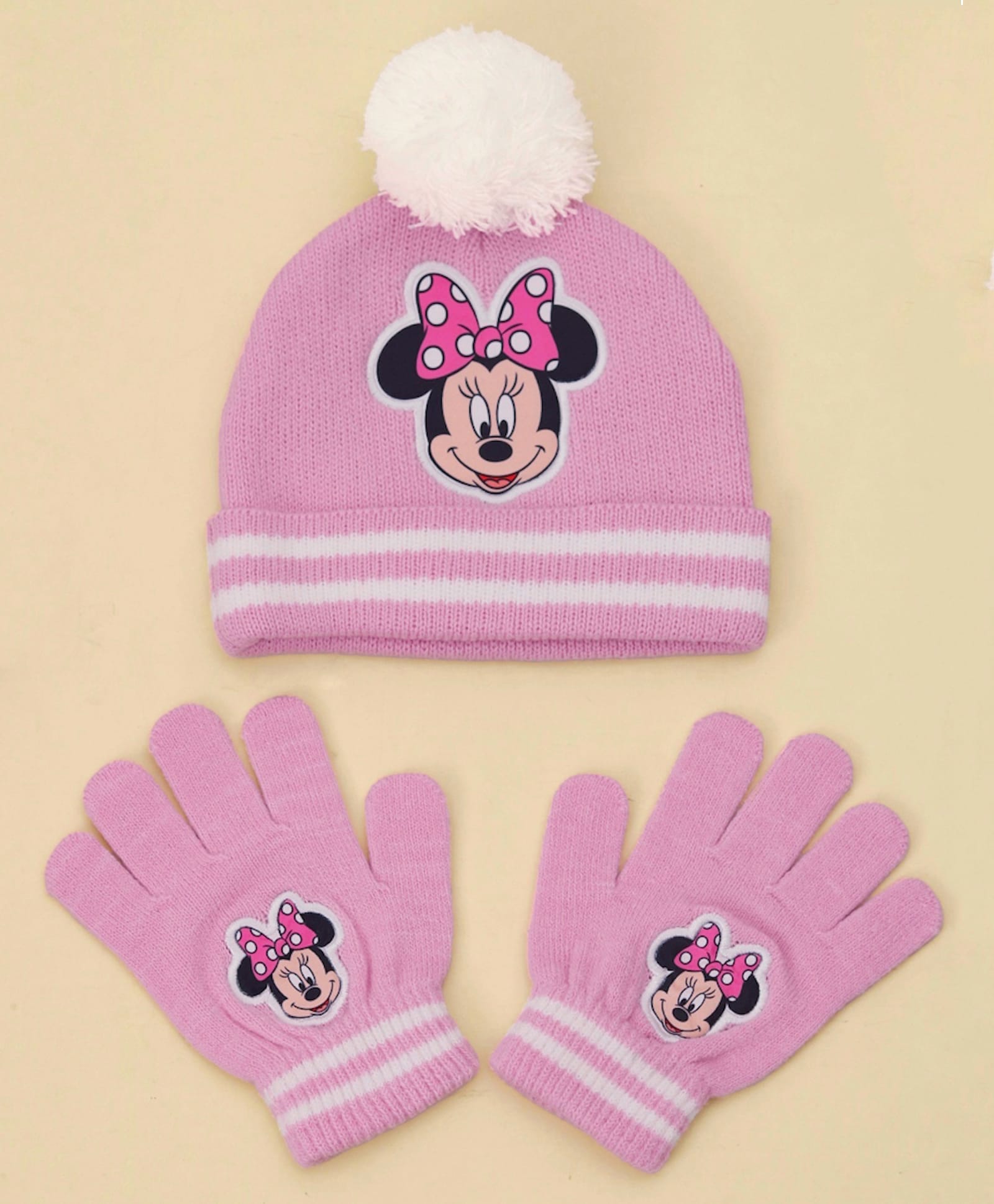 Yellow Bee Woollen Woven Disney Mickey Mouse & Friends Featuring Minnie Mouse Printed Cap With Gloves - Pink