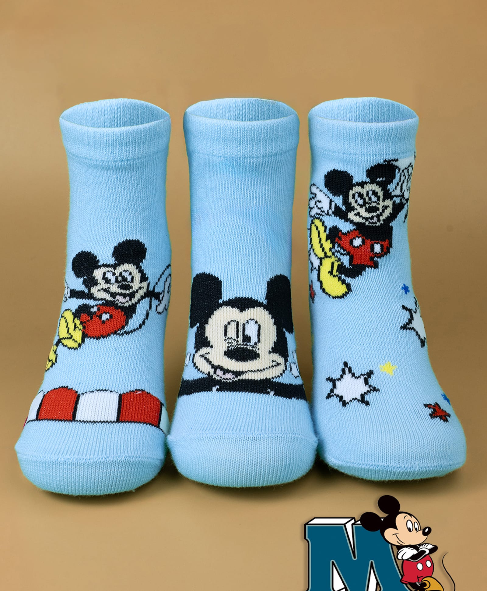 Yellow Bee Cotton Knit Pack Of 3 Disney Mickey Mouse Featuring Character Designed Socks - Blue-image-44