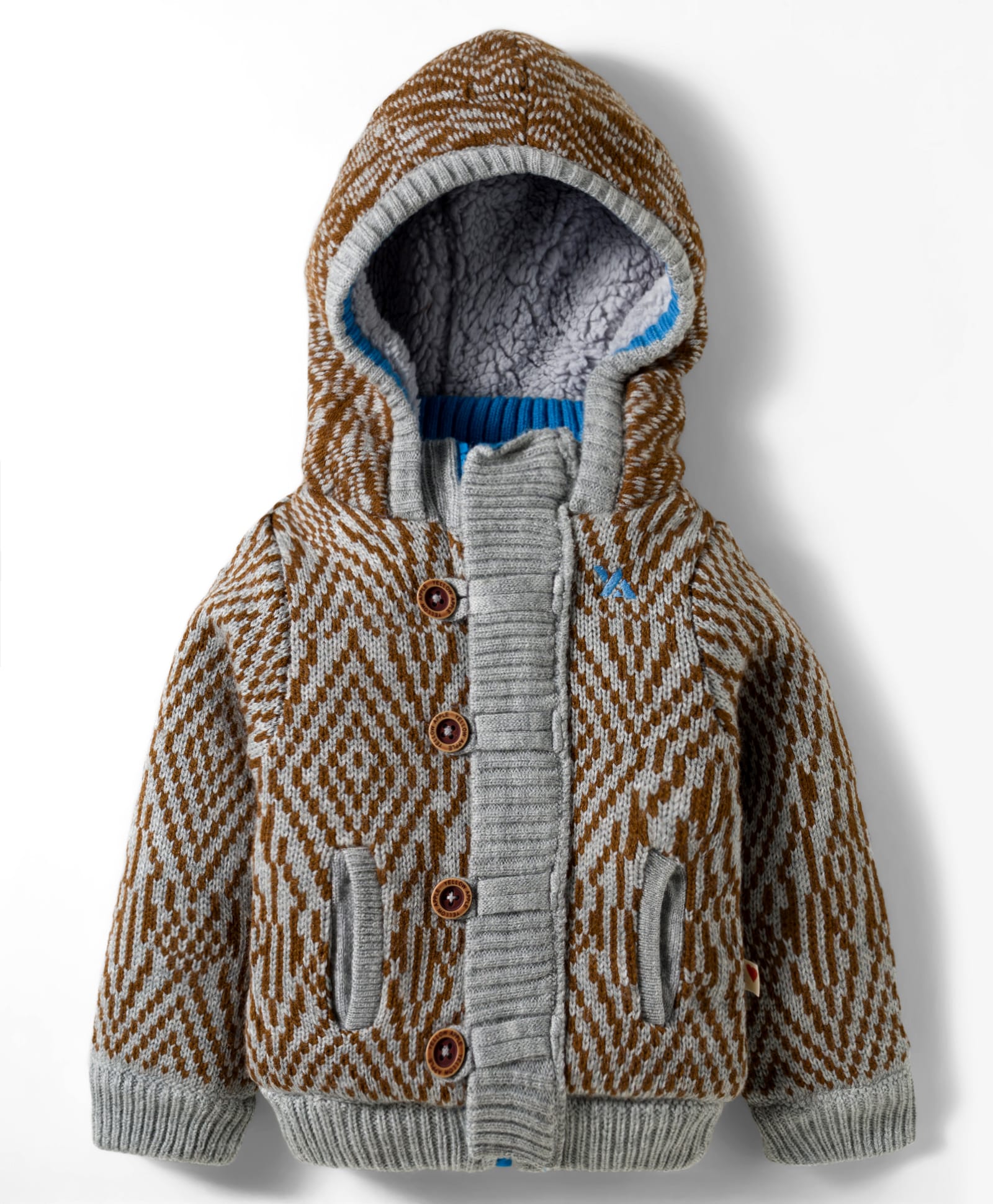 Yellow Apple Knit Full Sleeves Hooded Sweater With Geometric Design & Kangaroo Pocket - Grey & Brown-image-11