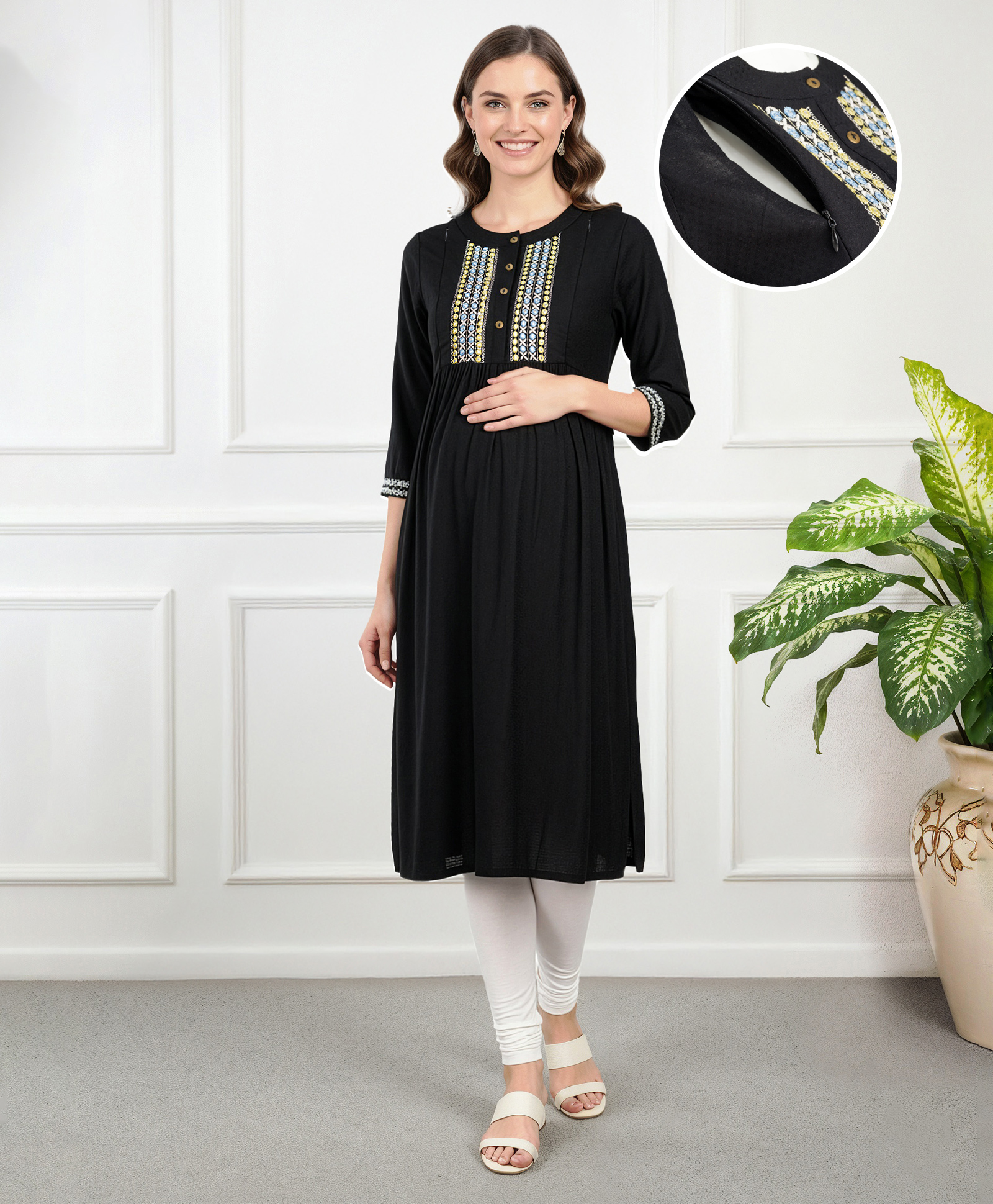 Bella Mama Viscose Woven Three Fourth Sleeves Maternity Dress with Embroidery - Black-image-38