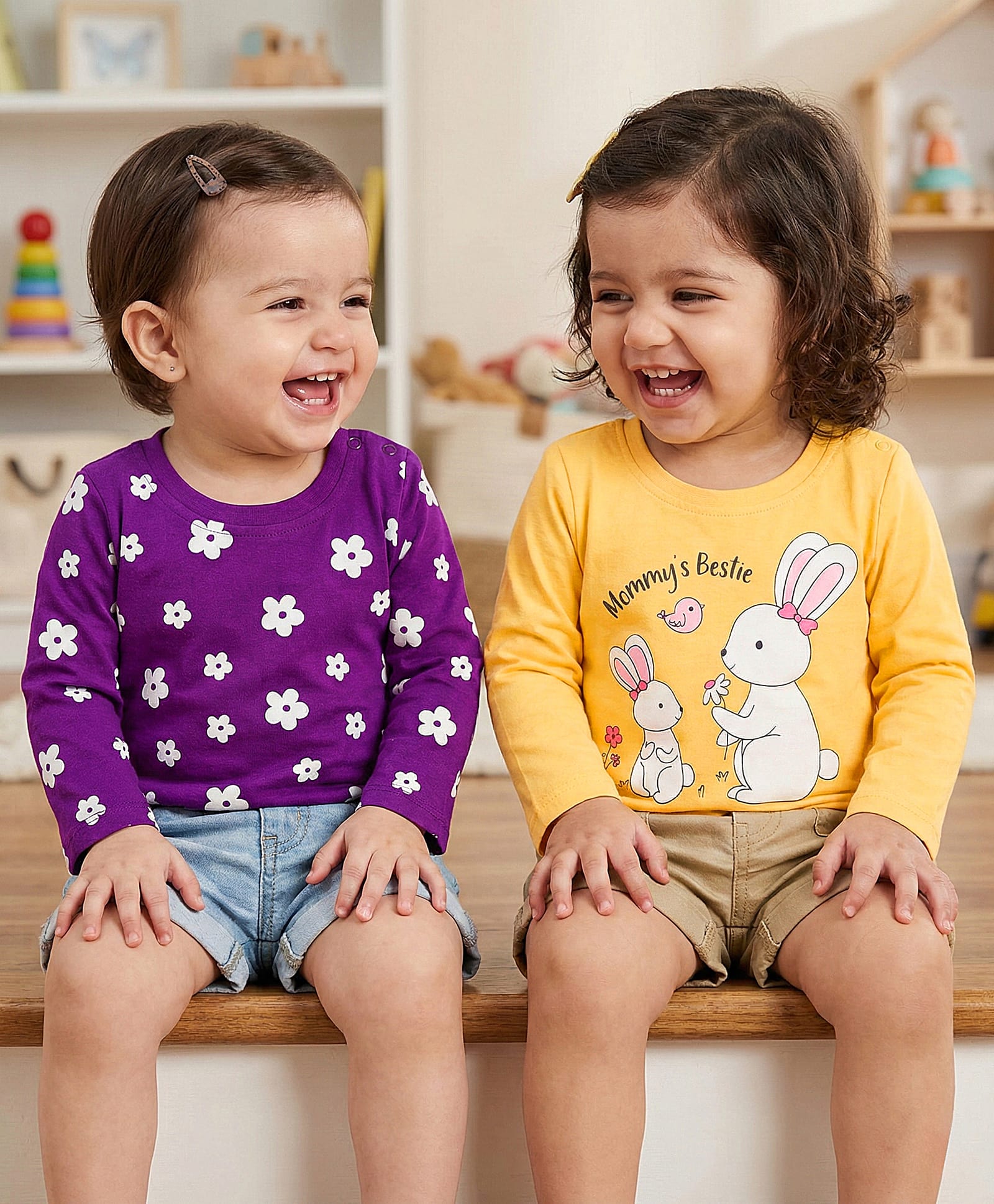 Doodle Poodle 100% Cotton Knit Full Sleeves T-Shirts with Floral & Bunny Print Pack of 2 - Yellow & Purple-picture-19