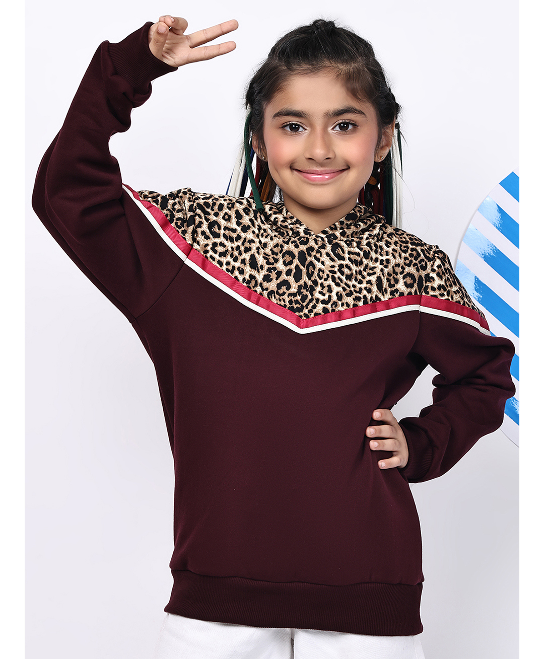 BaawRi Fleece Knit Full Sleeves Leopard Printed Colour Blocked Winter Hoodie - Wine-image-35