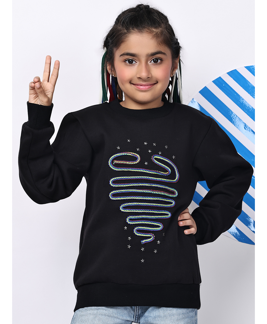 BaawRi Fleece Knit Full Sleeves Thread Work Embroidered Winter Sweatshirt - Black-picture-23