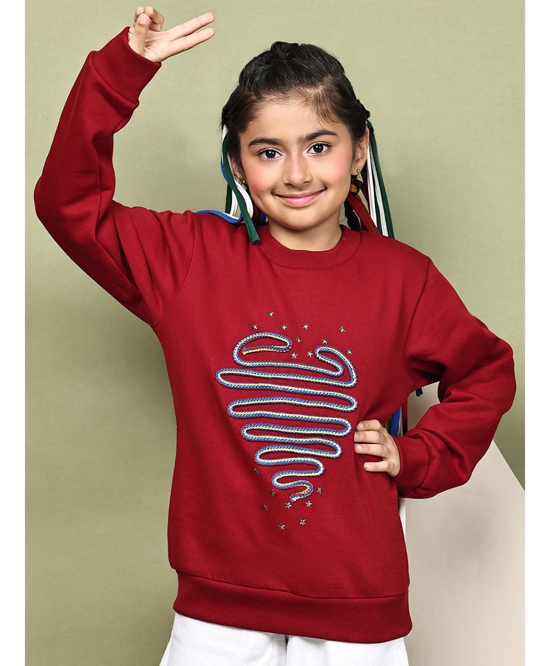 BaawRi Fleece Knit Full Sleeves Thread Work Embroidered Winter Sweatshirt - Red-image-30