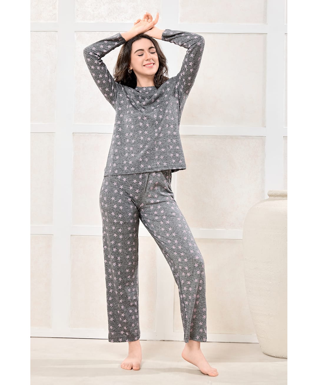 Piu Knit Full Sleeves Stars Printed Coordinating Night Suit Set - Grey-picture-32