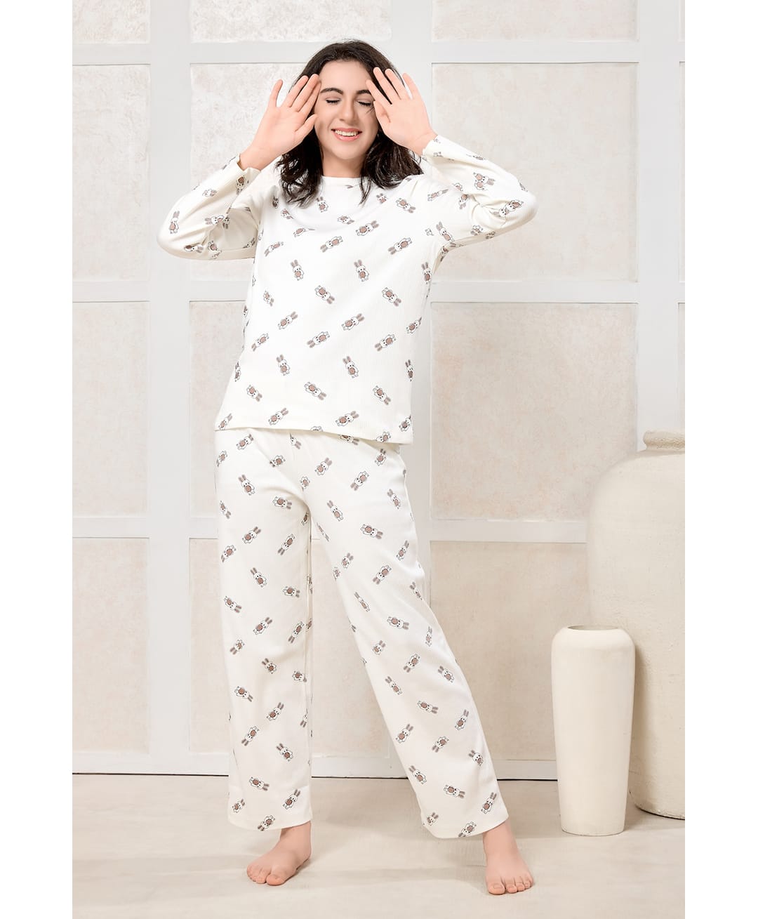 Piu Knit Full Sleeves Rabbit Printed Coordinating Night Suit Set - White-image-21