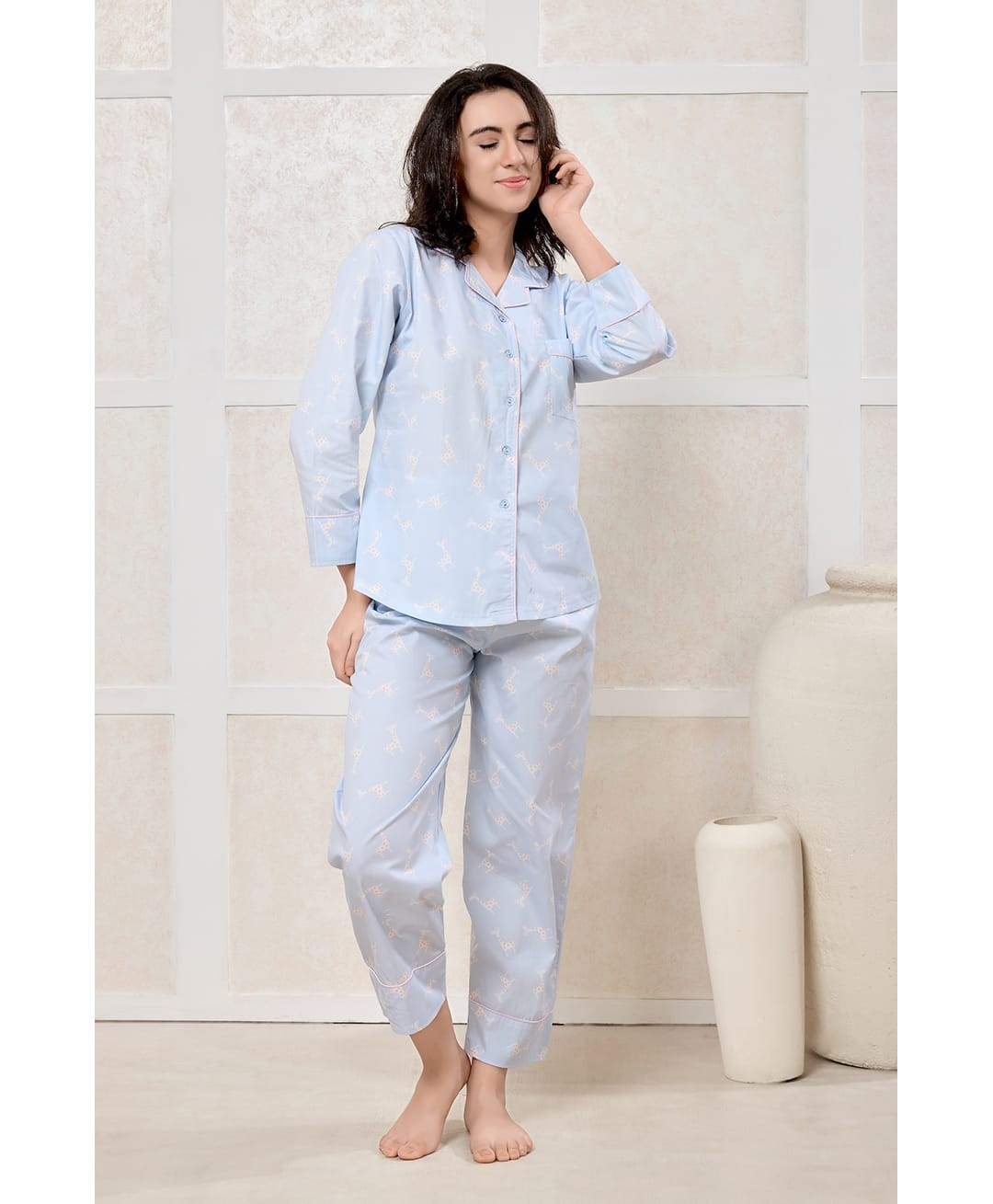 Piu Knitted Knit Full Sleeves Giraffe Printed Coordinating Night Suit Set - Blue-picture-31