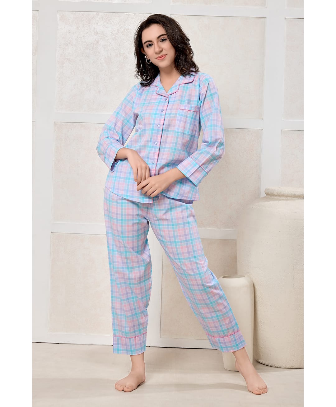 Piu Cotton Woven Three Fourth Sleeves Checked Night Suit Set - Blue-picture-17