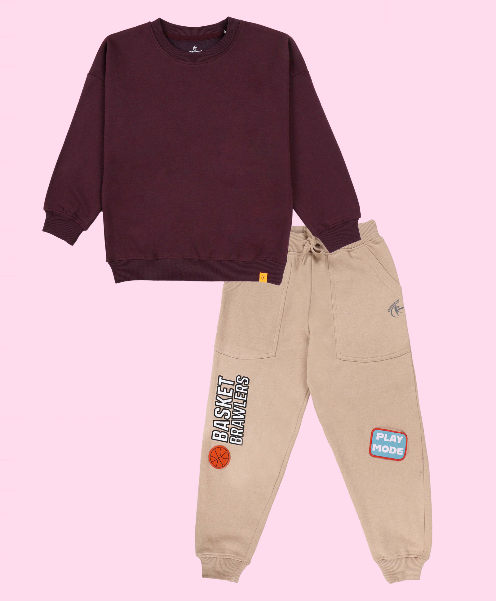 Kiddopanti Fleece Knit Full Sleeves Solid Winter Sweatshirt With Track Pants - Wine & Beige-picture-19