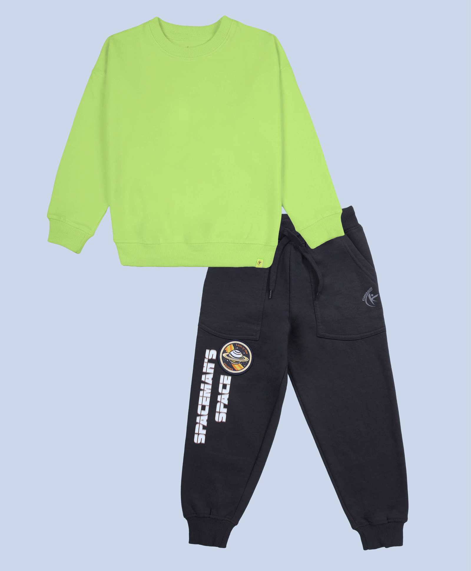 Kiddopanti Fleece Knit Full Sleeves Solid Winter Sweatshirt With Track Pants - Neon Green & Black-picture-30