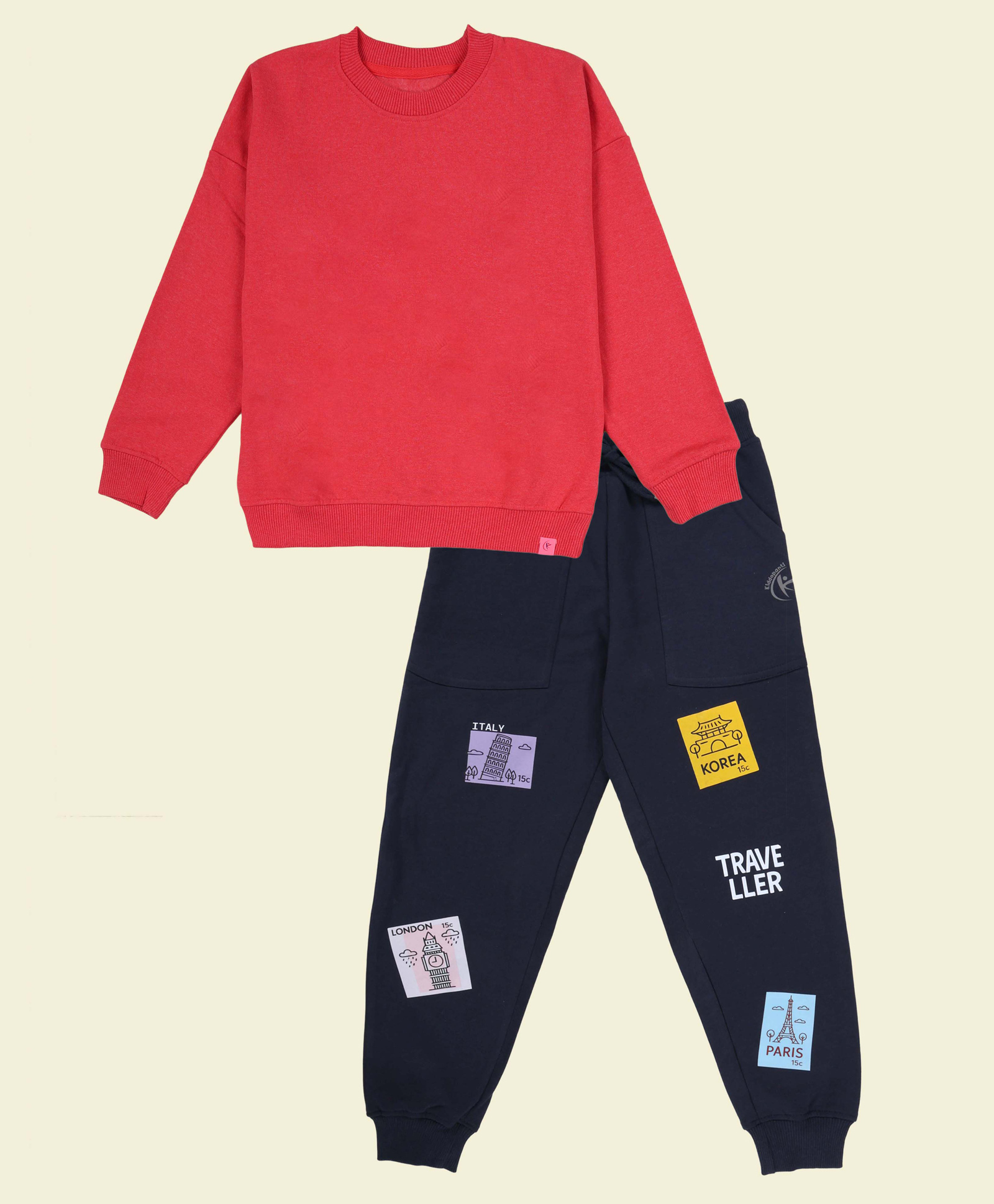 Kiddopanti Fleece Knit Full Sleeves Solid Winter Sweatshirt With Track Pants - Coral Pink & Navy Blue-picture-29