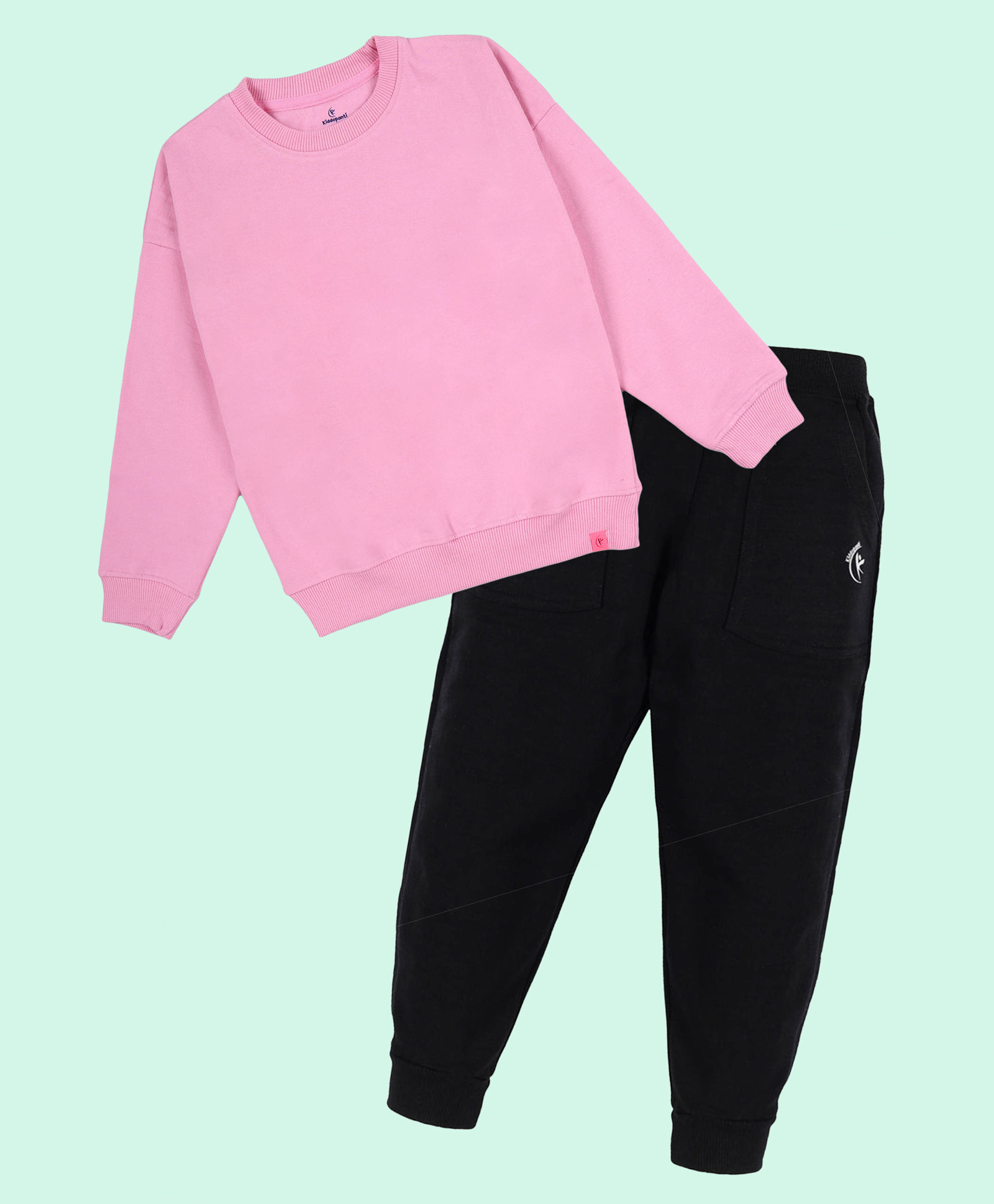 Kiddopanti Fleece Knit Full Sleeves Solid Winter Sweatshirt With Track Pants - Peach Pink & Black-picture-34