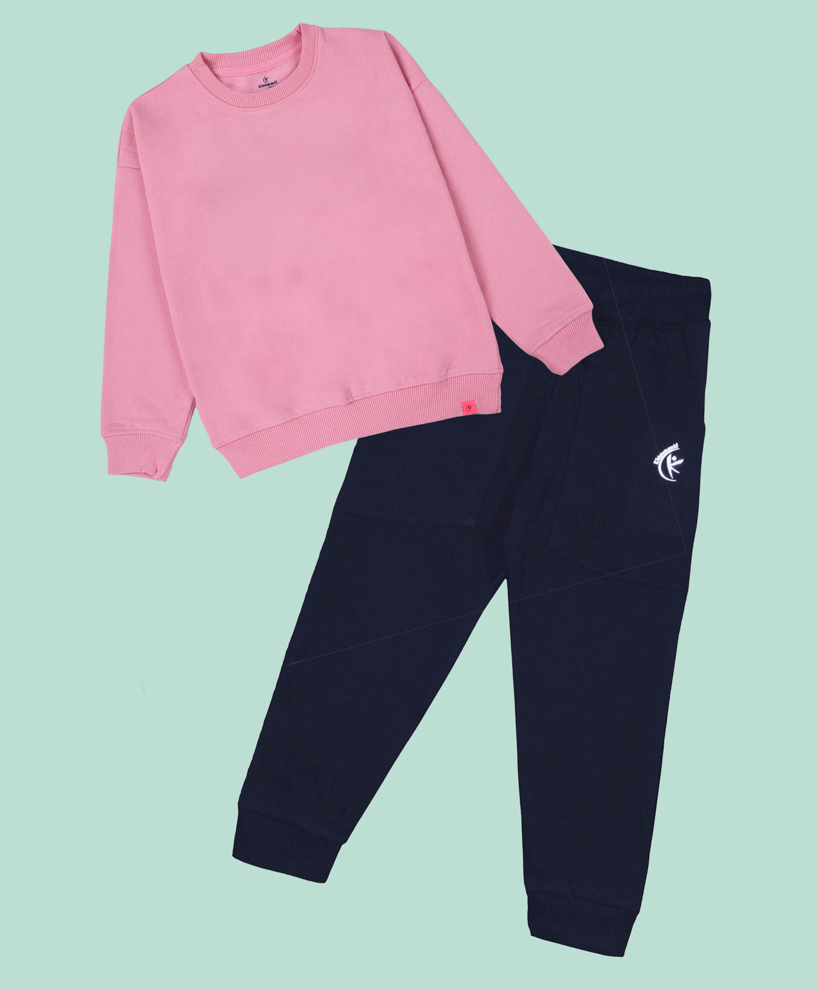 Kiddopanti Fleece Knit Full Sleeves Solid Winter Sweatshirt With Track Pants - Baby Pink & Navy Blue-picture-21