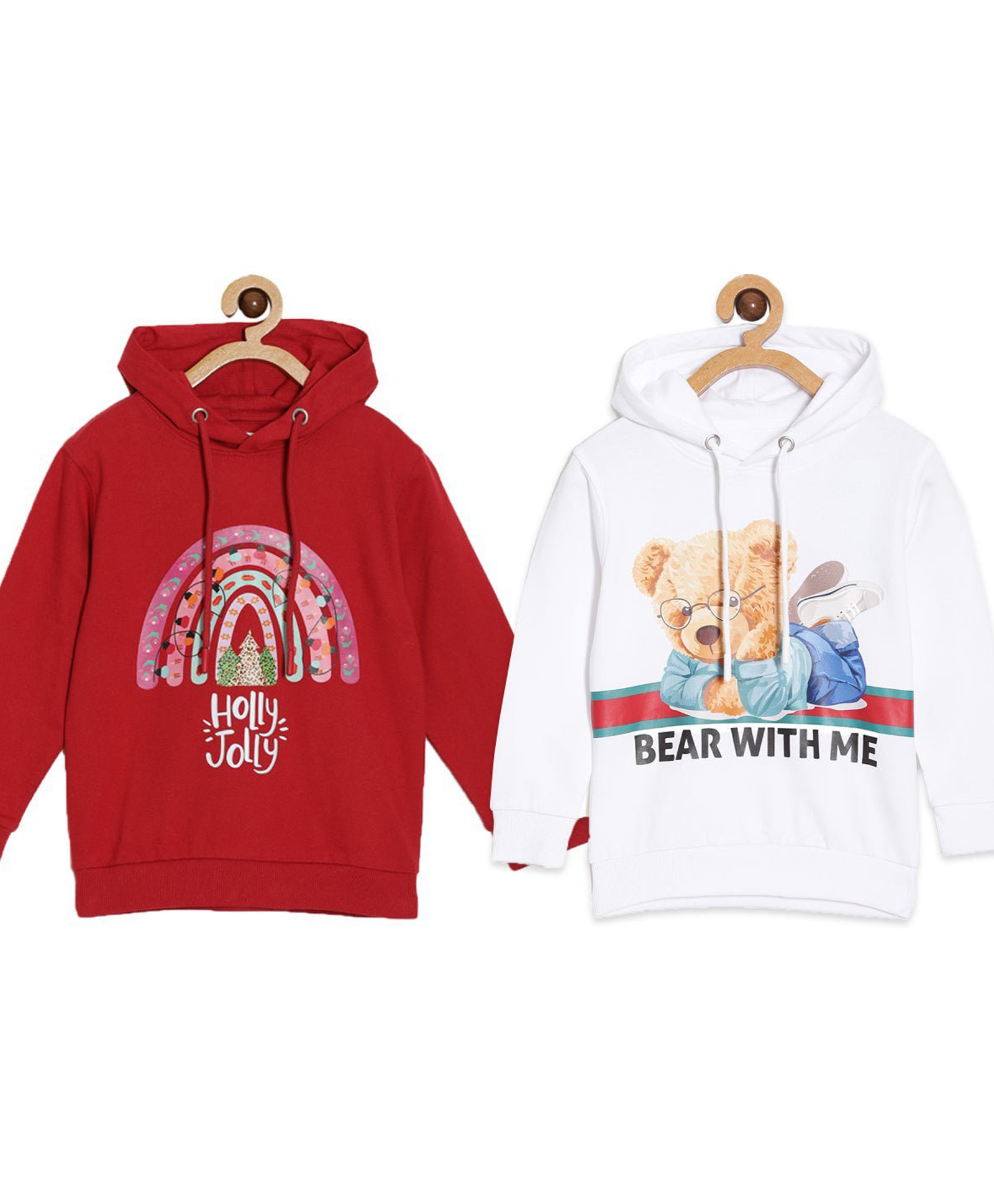 The Mom Store Cotton Knit Christmas Theme Pack Of 2 Full Sleeves Bear & Holly Jolly Text Printed Light Winterwear Hooded Sweatshirts - Multi Colour-image-19