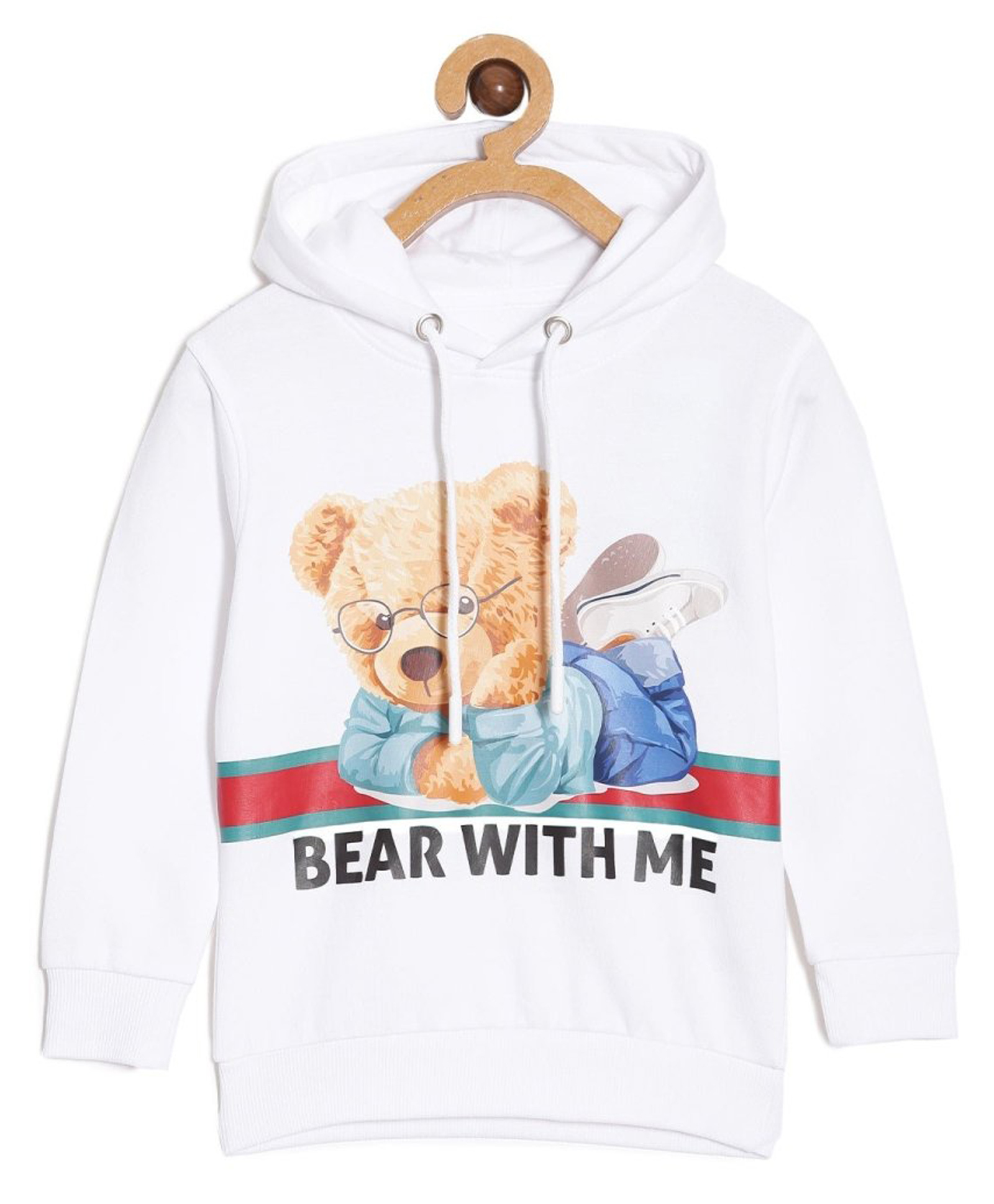 The Mom Store Cotton Knit Full Sleeves Bear Printed Light Winter Hooded Sweatshirt - White-image-49