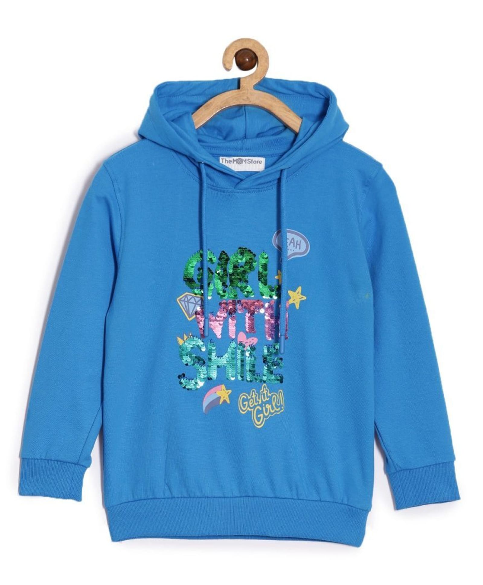 The Mom Store Cotton Knit Full Sleeves Typography Sequins Embellished Light Winter Hooded Sweatshirt - Blue-picture-12